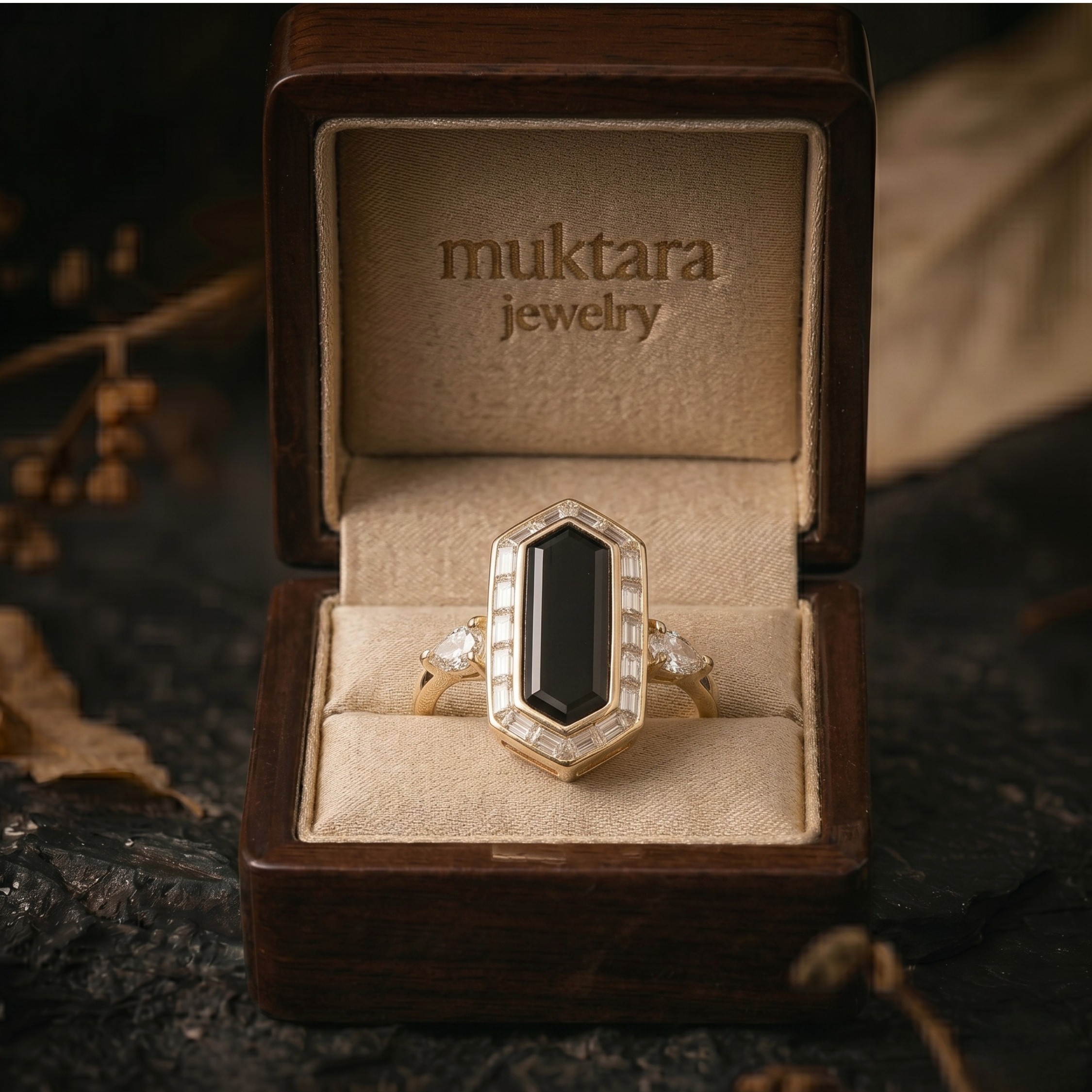 Vintage Art Deco Hexagon Cut Black Onyx Moissanite Cluster Ring, Unique Promise Statement Jewelry, Black Gemstone Anniversary Gift For Women