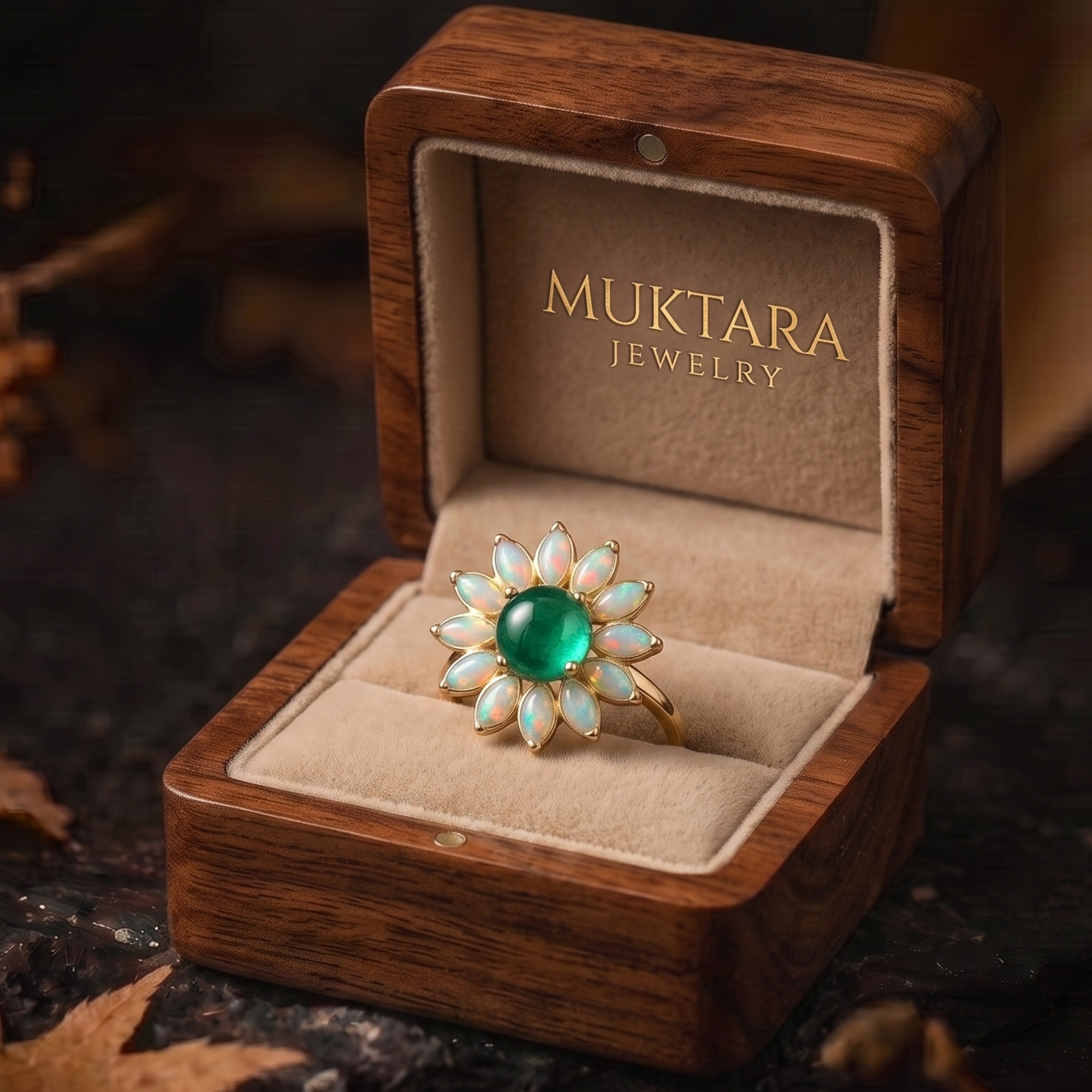 Vintage Garnet Opal Wedding Ring, Nature Inspired Floral Cluster Ring for Her October Birthstone Gift, 14K Gold Emerald Jewelry Gift For Her