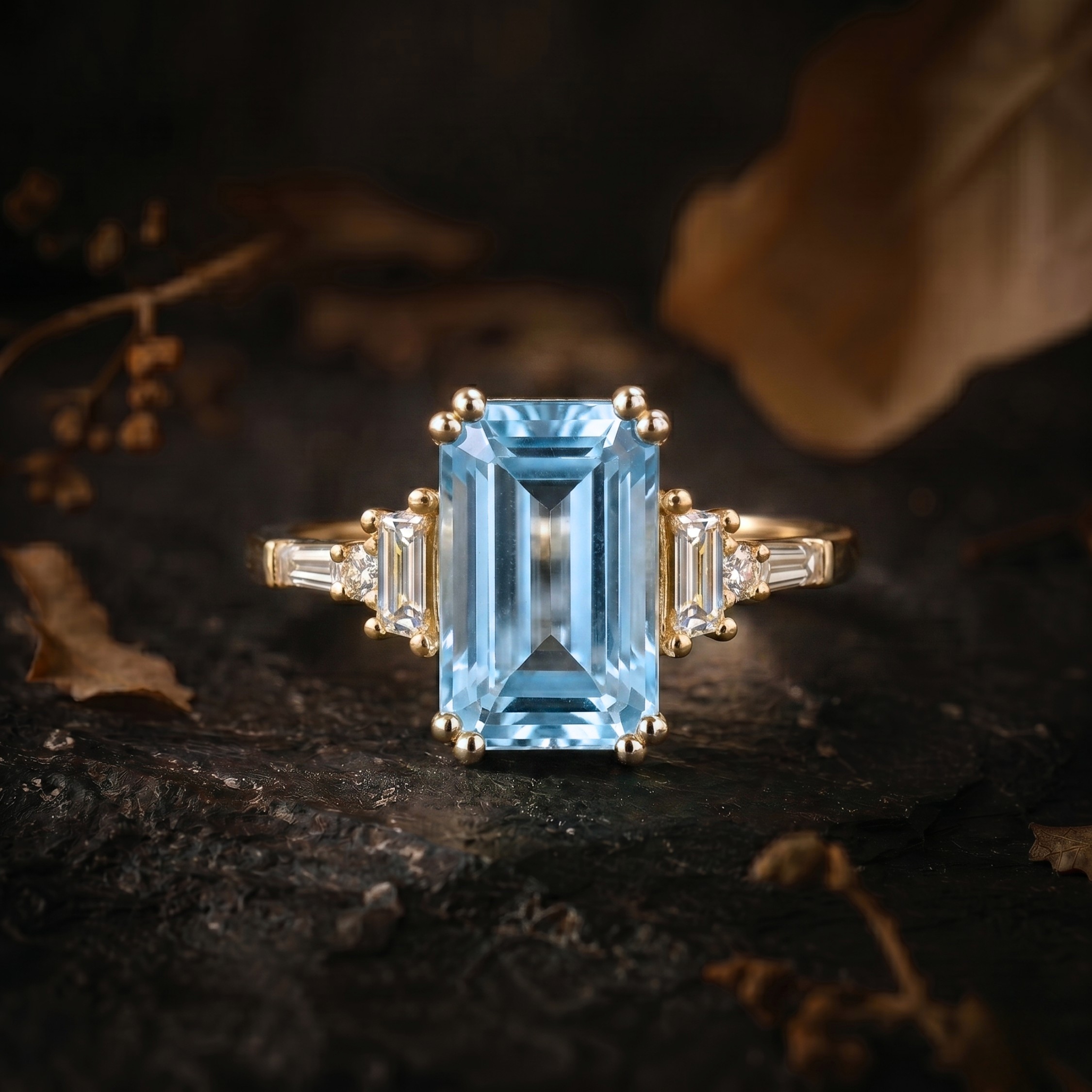 Vintage Emerald Cut Aquamarine Engagement Ring, 14k Gold Moissanite Ring, Unique March Birthstone Jewelry, Anniversary Birthday gift for her