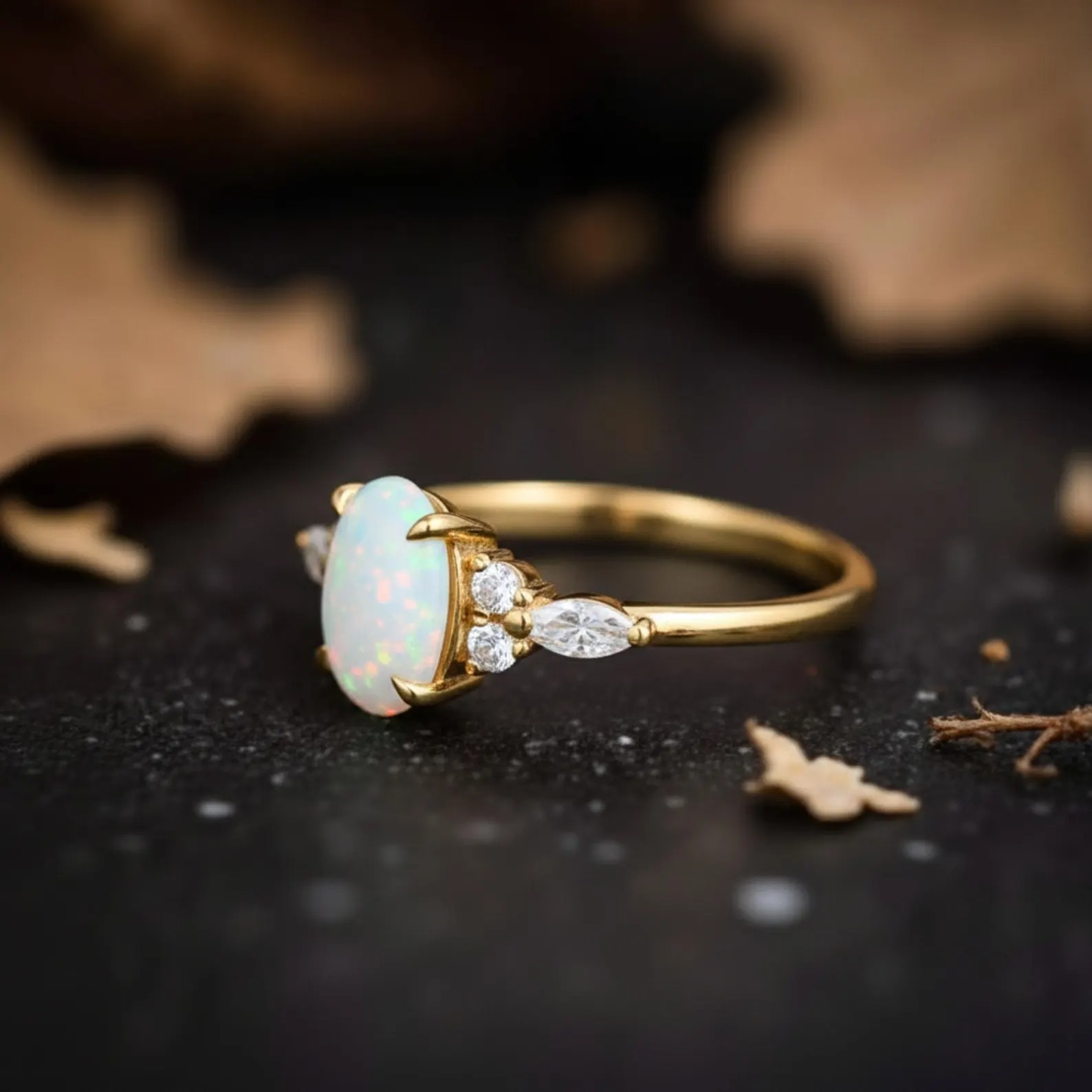 Vintage Oval Opal Engagement Ring, 14K gold Moissanite Wedding Ring, Marquise Cut Diamond Unique Twisted Ring Anniversary Gift Promise Ring