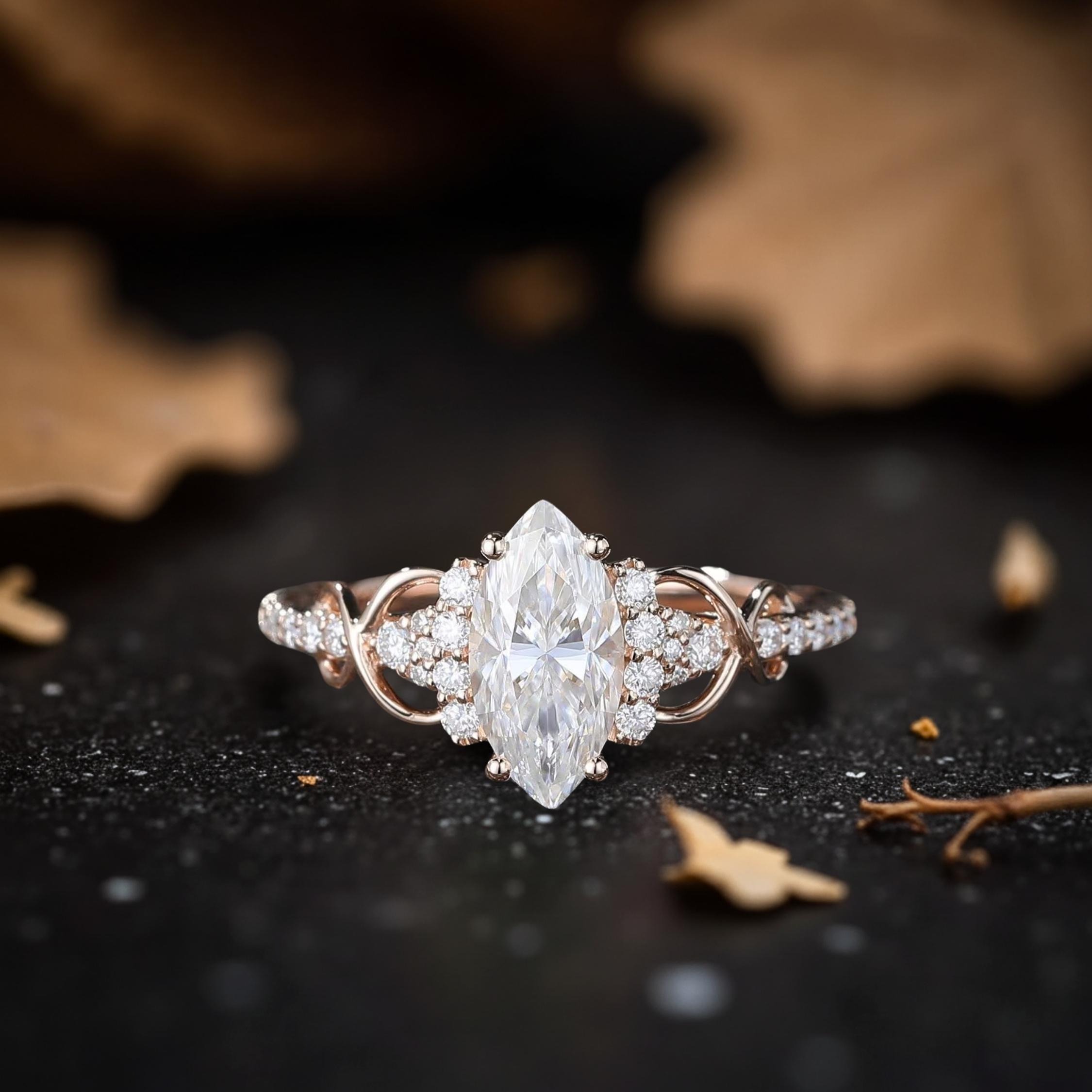 Marquise Cut Moissanite Engagement Ring Set, 14k Rose Gold Bridal Ring Set, Unique Diamond Cluster Wedding Stacking Band, Anniversary Gift