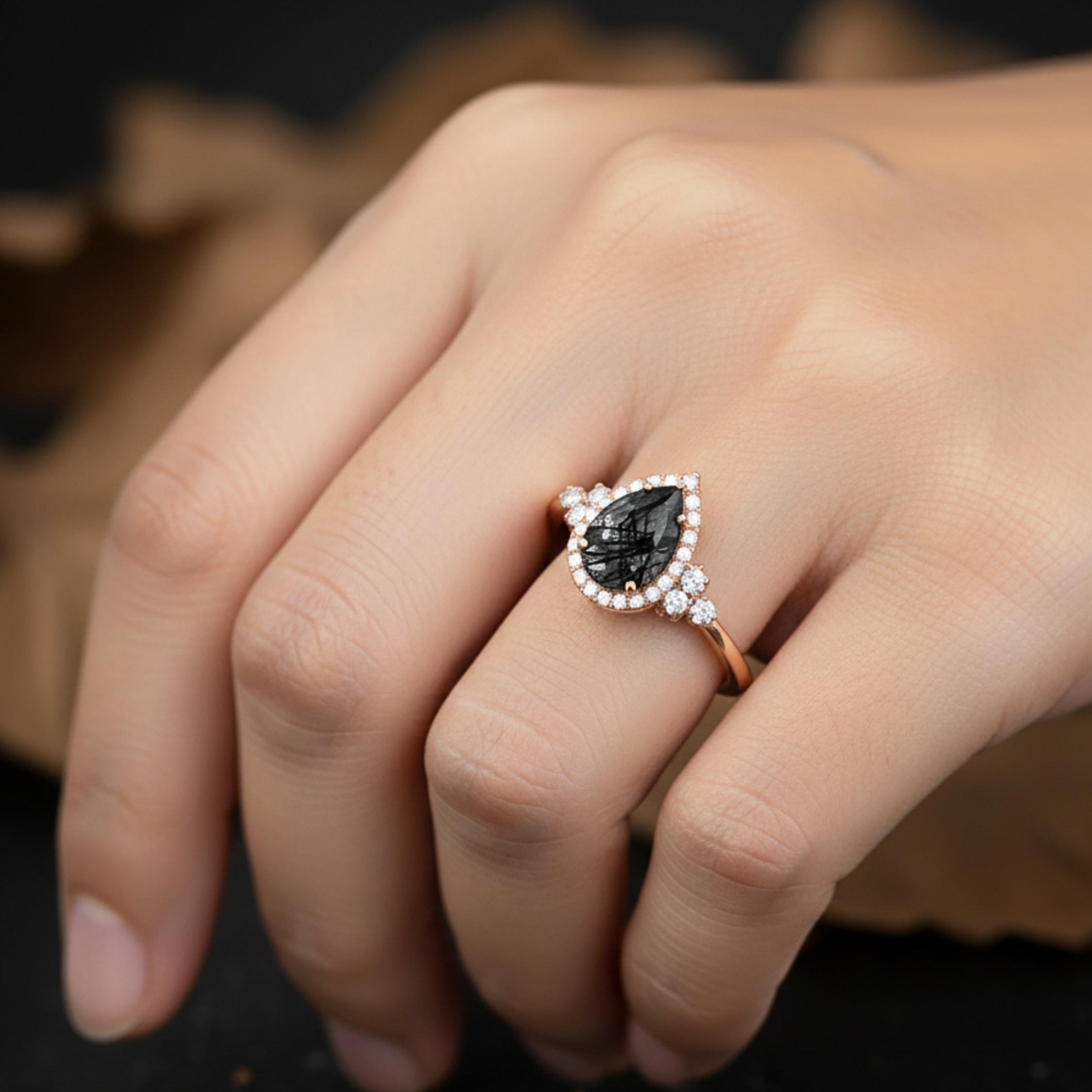Vintage Art Deco Pear Cut Black Rutile Engagement Ring, Unique Promise Statement Jewelry 14K Rose Gold Rutile Moissanite Ring Bridal Jewelry