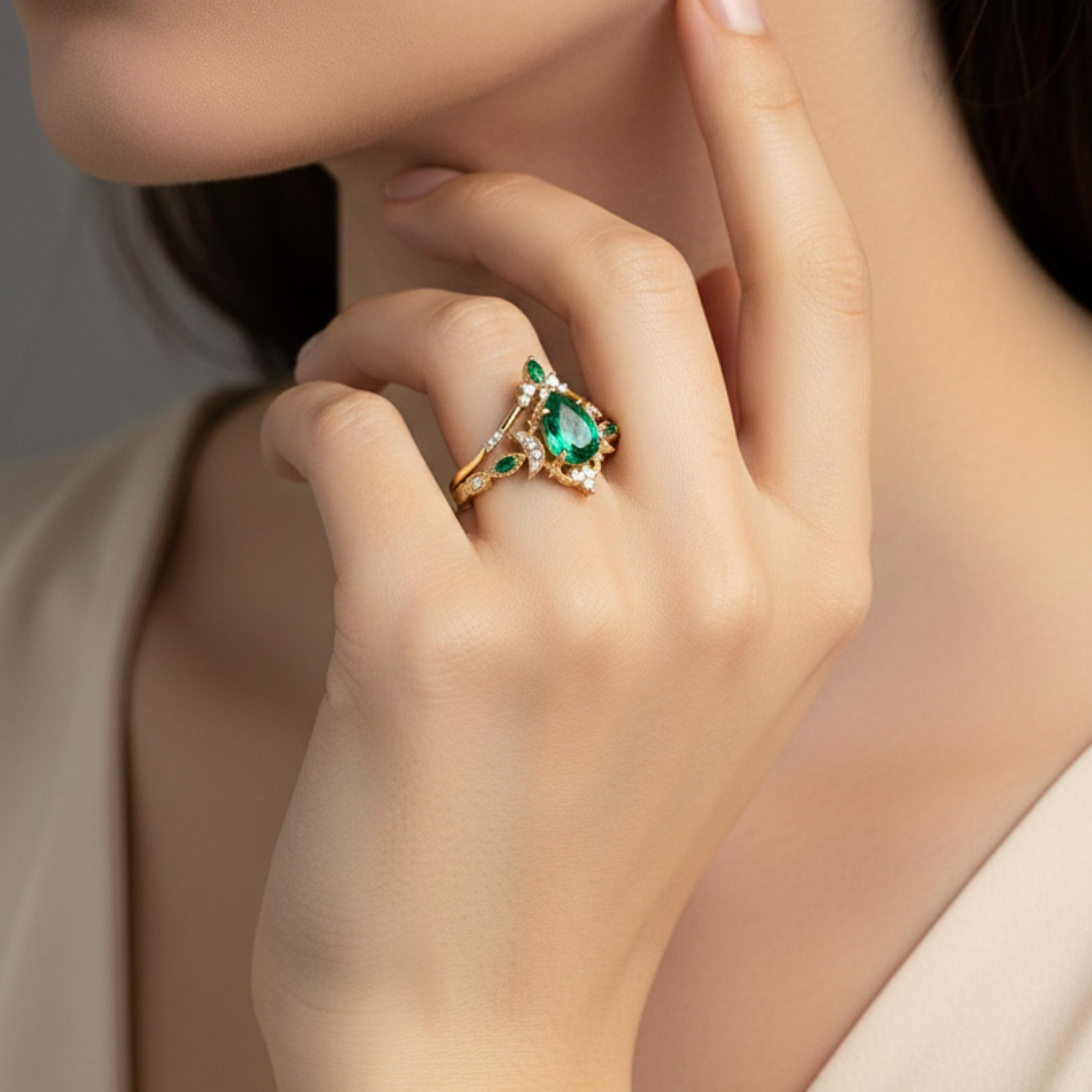 Emerald Moissanite Vine Half Moon Unique floral Engagement ring Pear Shaped Bridal Set Anniversary gift Vintage Wedding Ring Gifts For Women