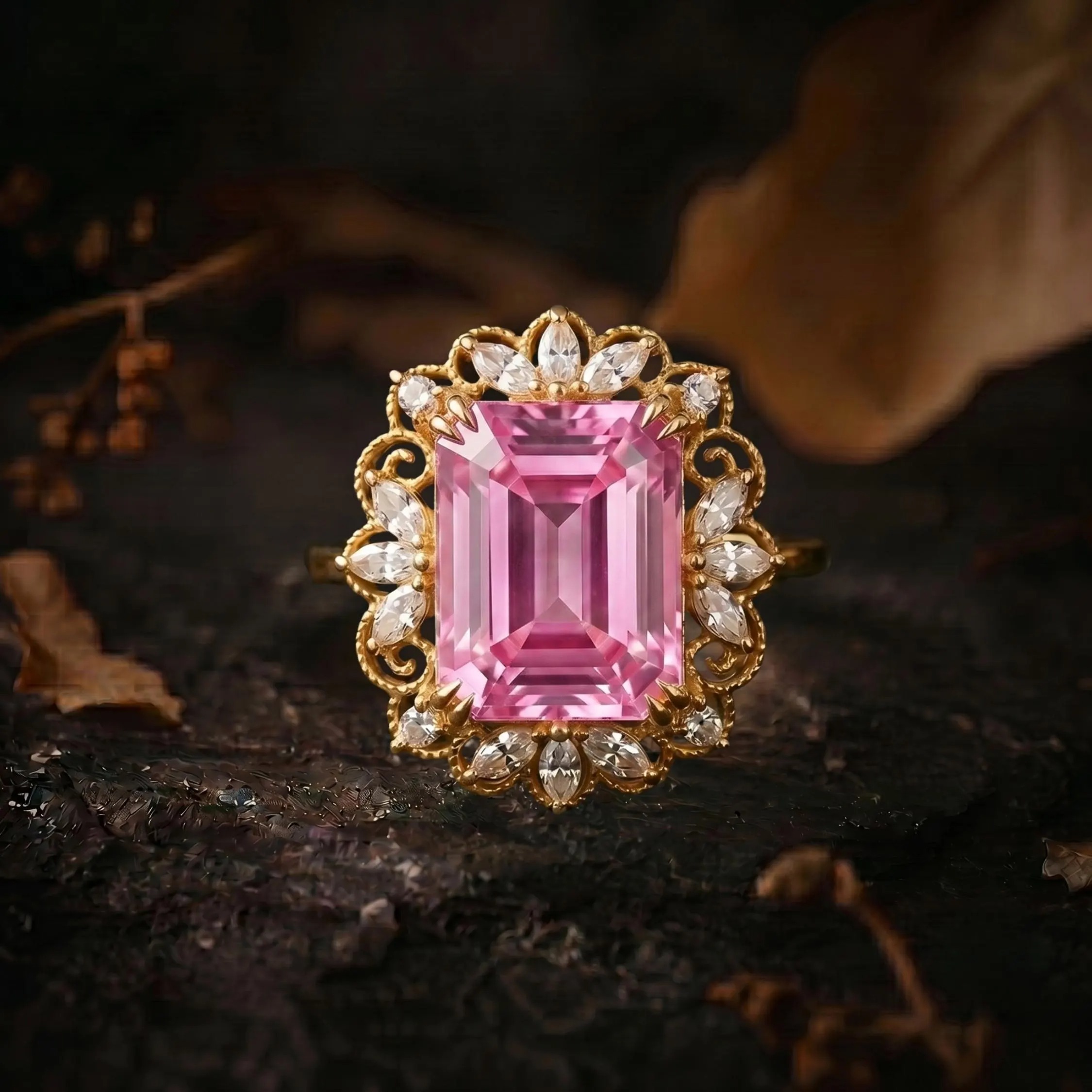 Emerald Cut Pink Sapphire Moissanite Engagement Ring, September Birthstone Promise Moissanite Wedding Ring Anniversary Birthday Gift For Her