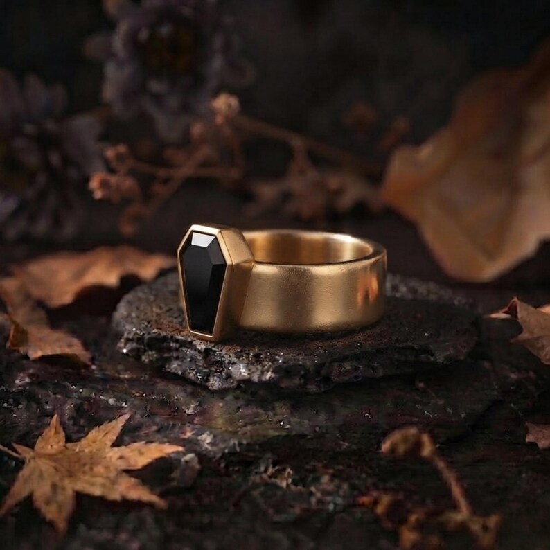 Vintage Art Deco Coffin Cut Black Onyx Engagement Ring, Unique Promise Statement Wedding Jewelry, Black Gemstone Wide Band Anniversary Gift