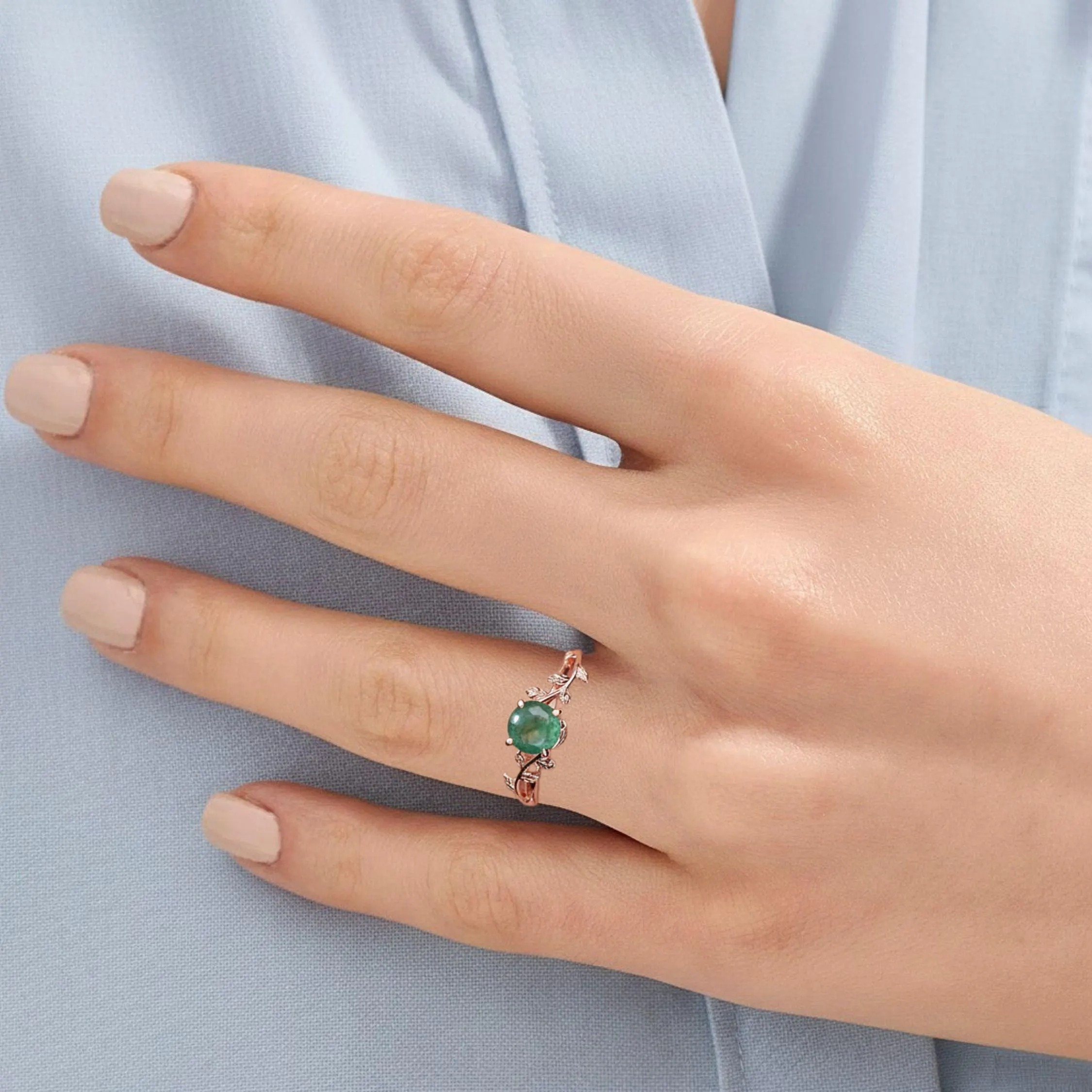 Nature Inspired Round Cut Moss Agate Engagement Ring, Unique Ivy Ring, Vine Solitaire Promise Ring, Green Gemstone Anniversary Gift Ring