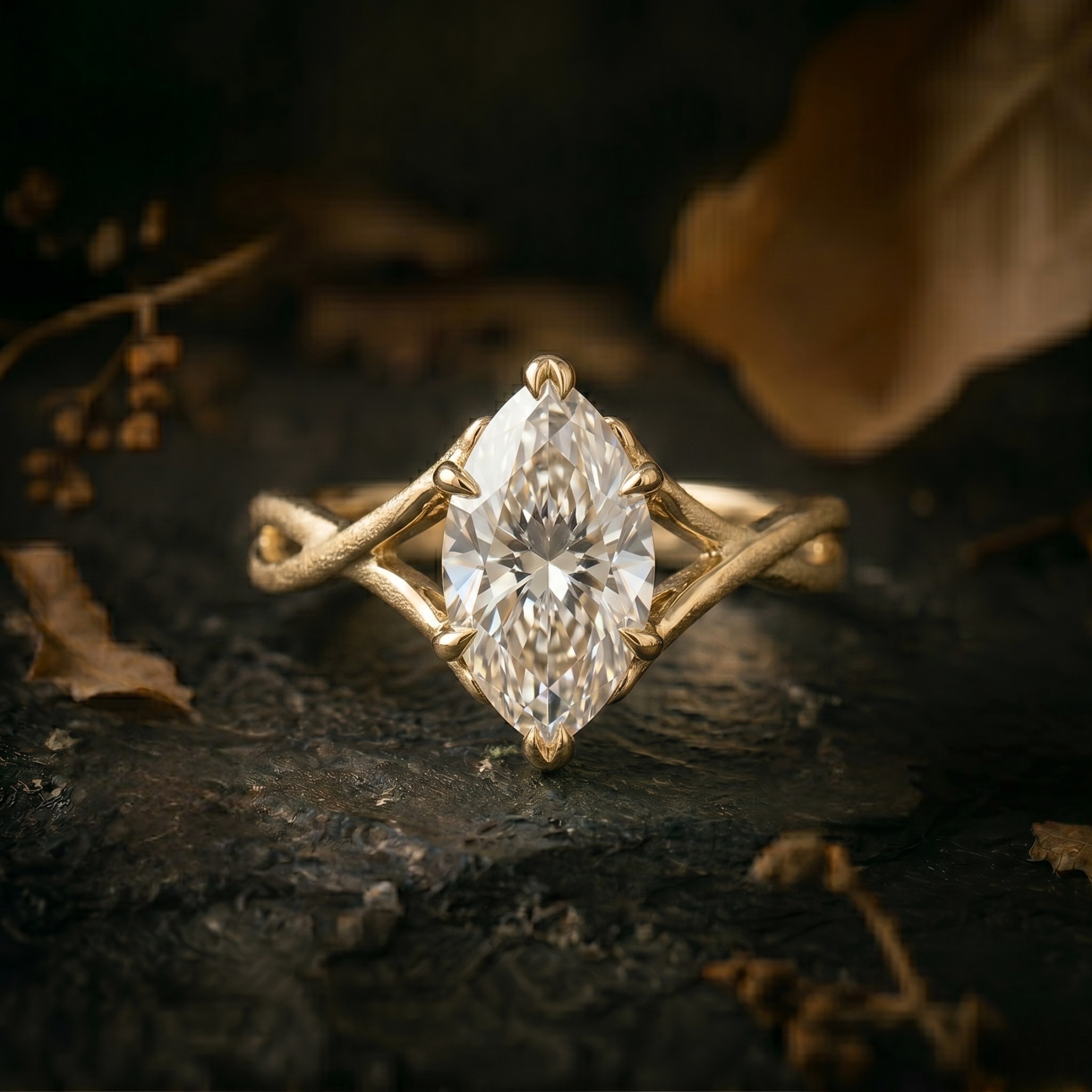 Vintage Marquise Cut Moissanite Engagement Ring, Delicate 14k Solid Gold Women's Twisted Band Diamond Wedding Ring, Anniversary Gift For Her
