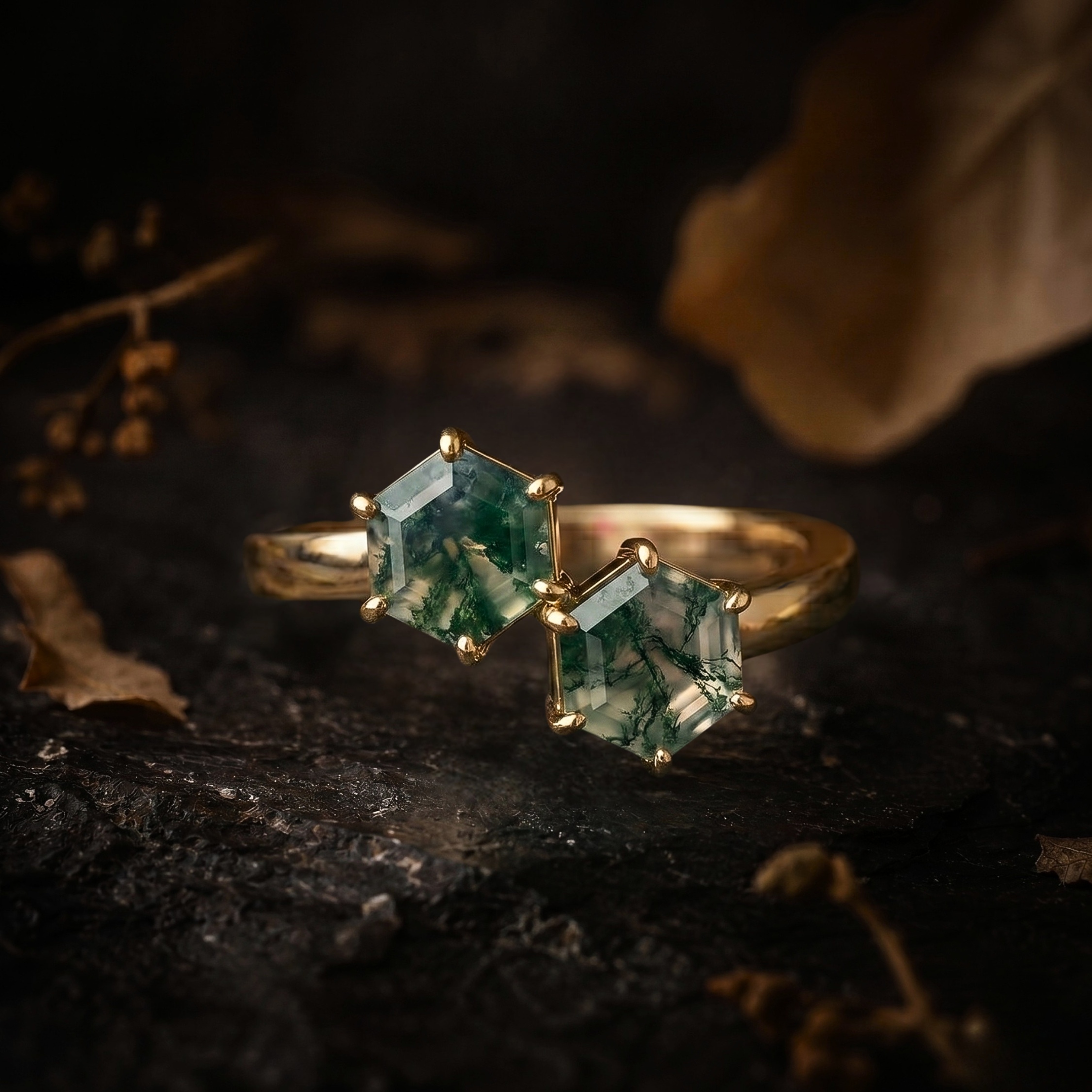 Unique Double Hexagon Cut Green Moss Agate Ring/Vintage Bezel Set Bridal Jewelry/Promise Engagement Ring/ Anniversary Birthday gift for her