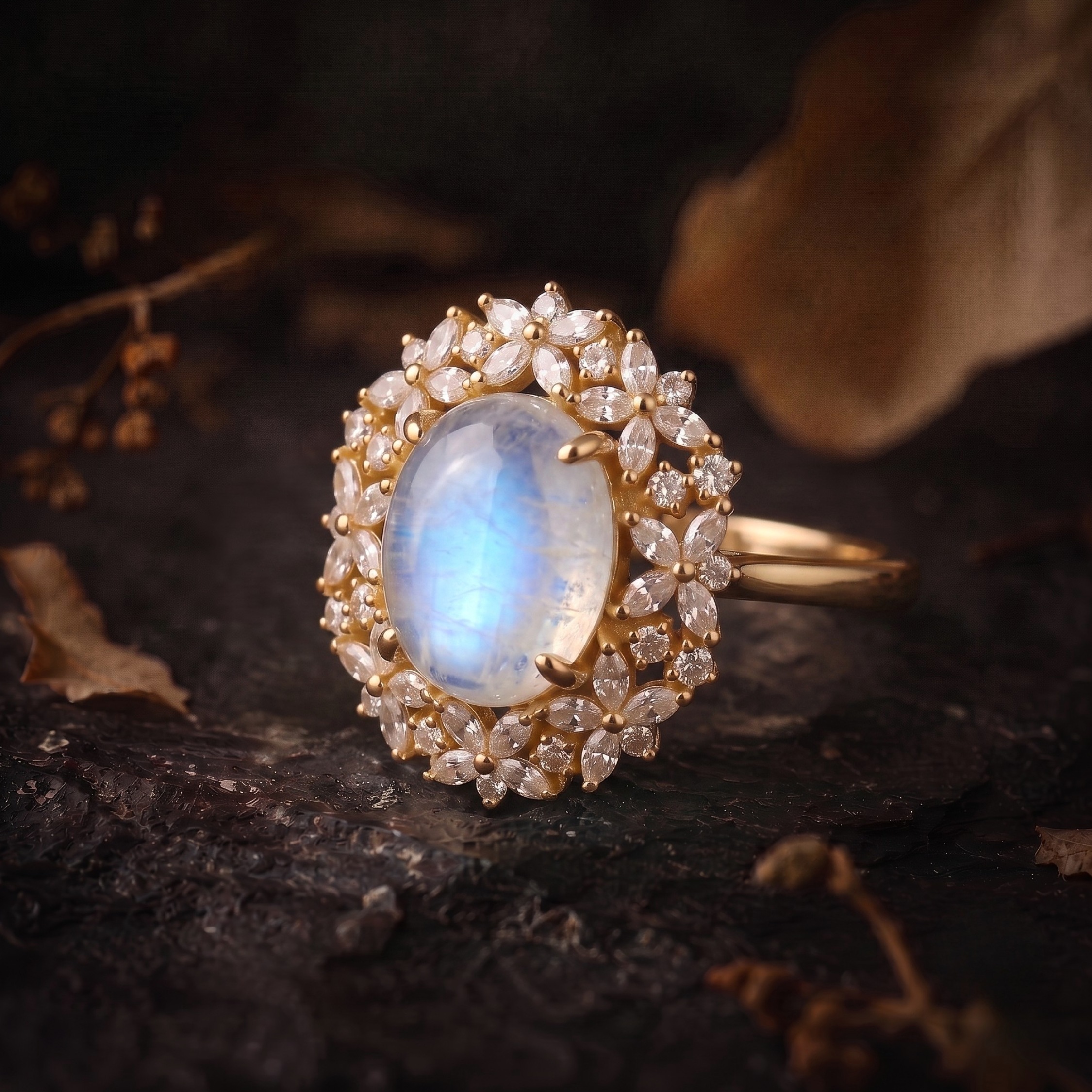 Unique Marquise Cut Flower Moissanite Engagement Ring, 14k Gold Blue Moonstone Floral Twist Promise Ring for Women Oval Nature Inspired Ring