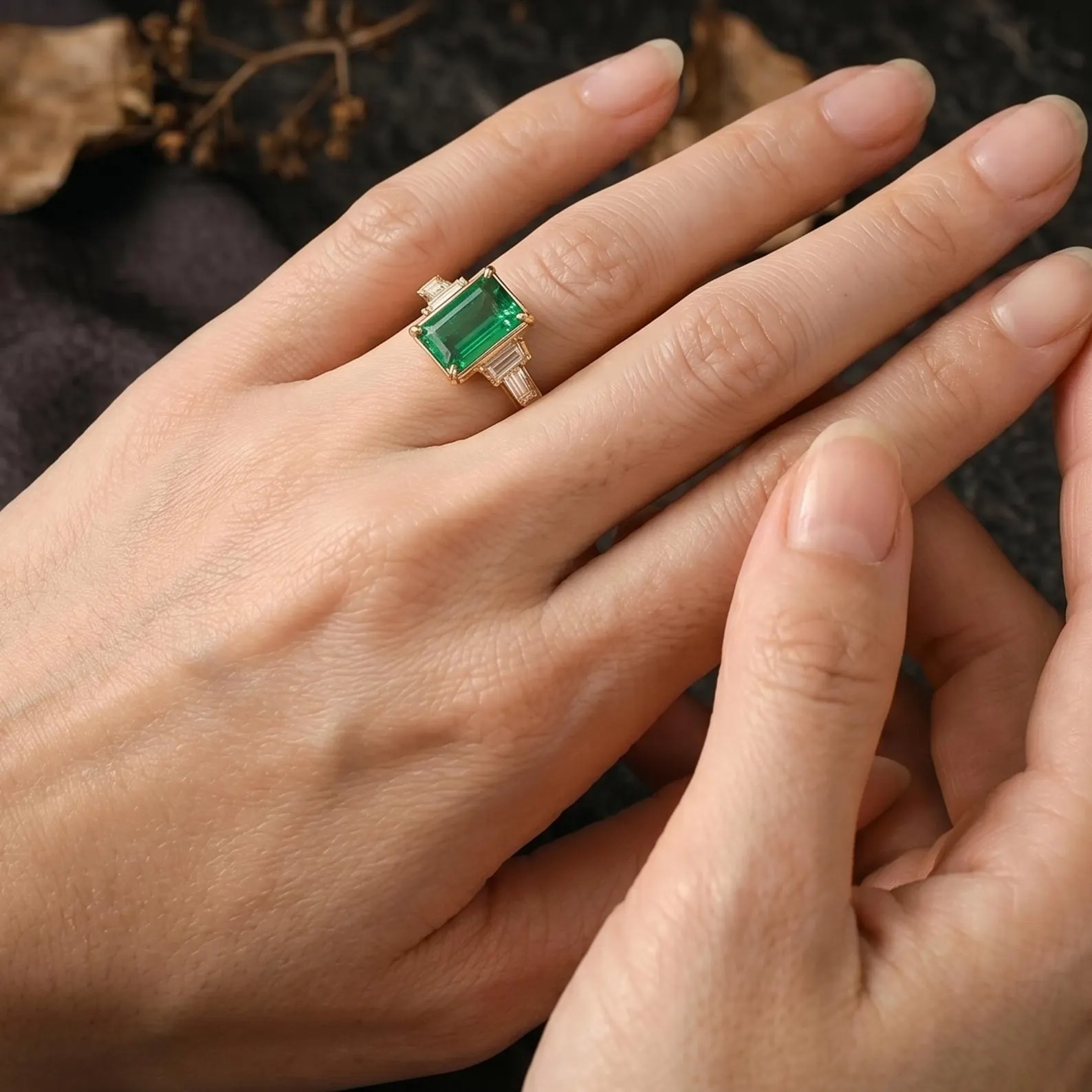 Genuine 14k Yellow Gold Emerald Engagement Ring, Vintage May Birthstone Jewelry, Baguette Cut Moissanite Promise Cluster Ring, Gifts for her