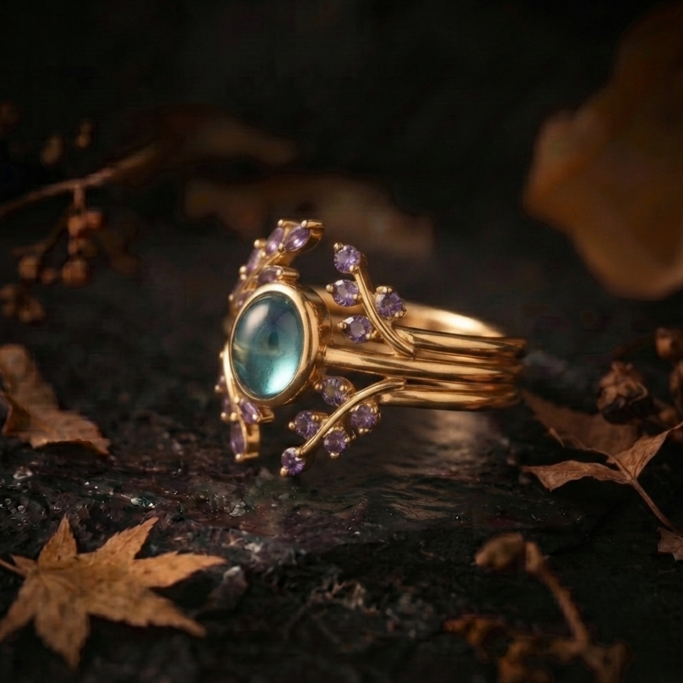 Unique Alexandrite Amethyst Engagement Ring, Vintage Style Triple Band Wedding Ring, Two Stone Bridal Jewelry, June February Birthstone Gift