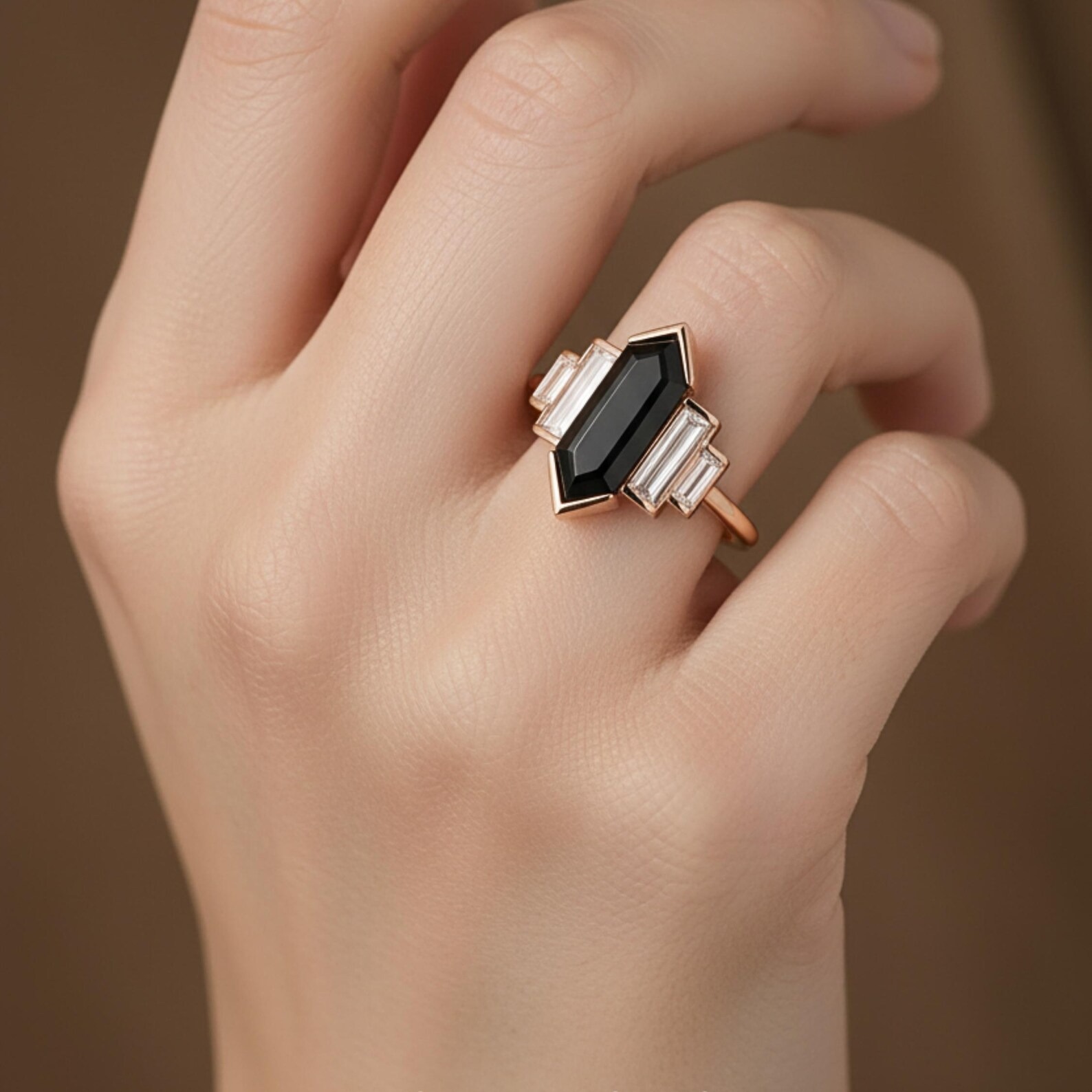 Vintage Art Deco Emerald Cut Green Tourmaline Peridot Ring, Unique Rose Gold Engagement Ring, Geometric Statement Wedding Ring, Gift For Her
