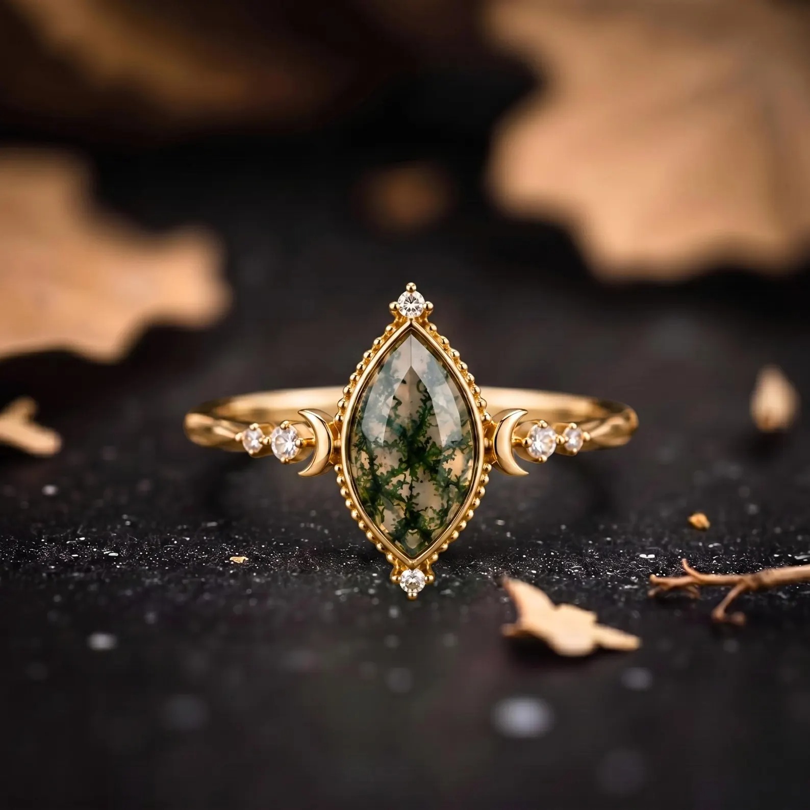 Vintage Marquise Moss Agate Engagement Ring, 14K Solid Gold Green Solitaire Ring, Minimalist Dainty Ring, Nature-Inspired Ring, Gift for Gf