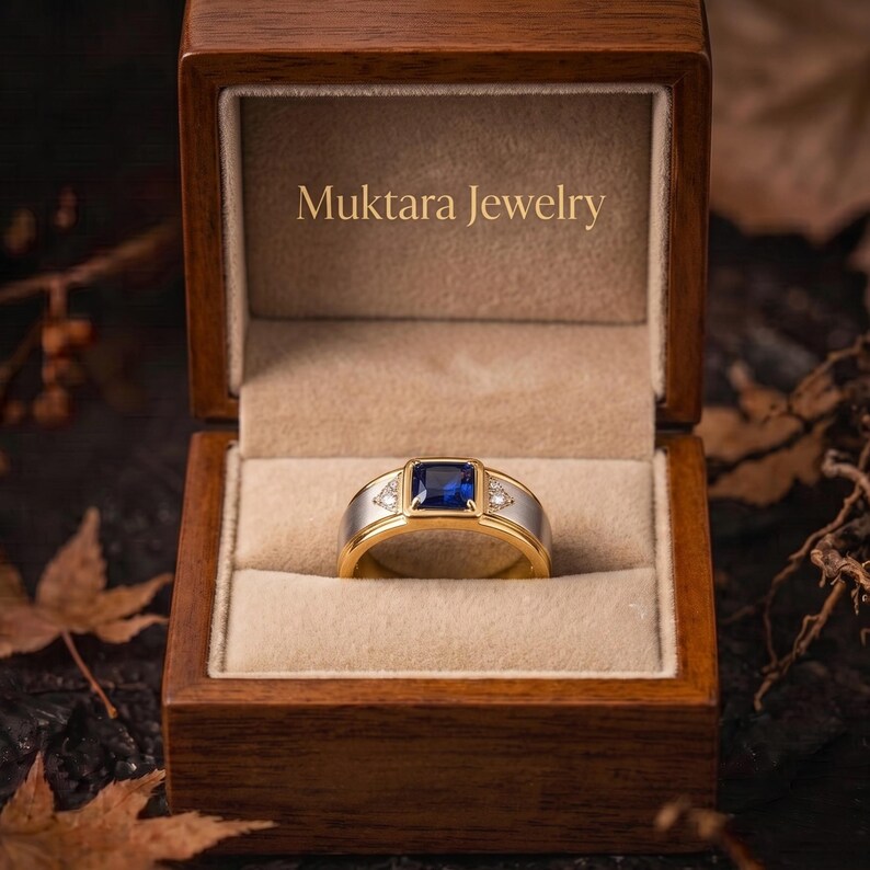 Vintage Art Deco Square Cut Blue Sapphire Moissanite Engagement Ring, Unique Gold Silver Men Ring Retro Moissanite Wedding Ring Gift For Him