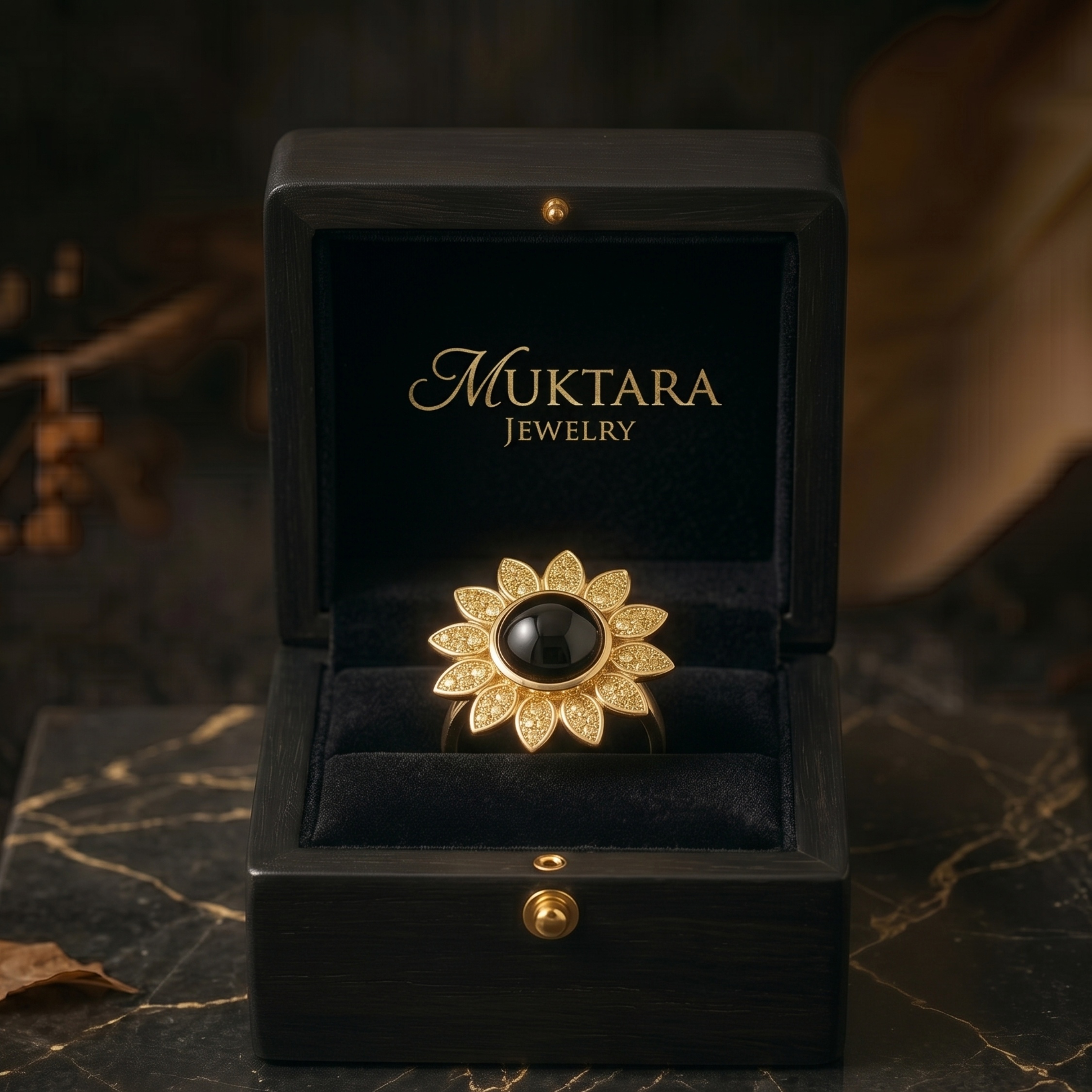 Vintage Black Onyx Diamond Flower Gold Ring, Sunflower Inspired Boho Statement Jewelry, Yellow Diamond Floral Halo Spring Summer Trend Ring
