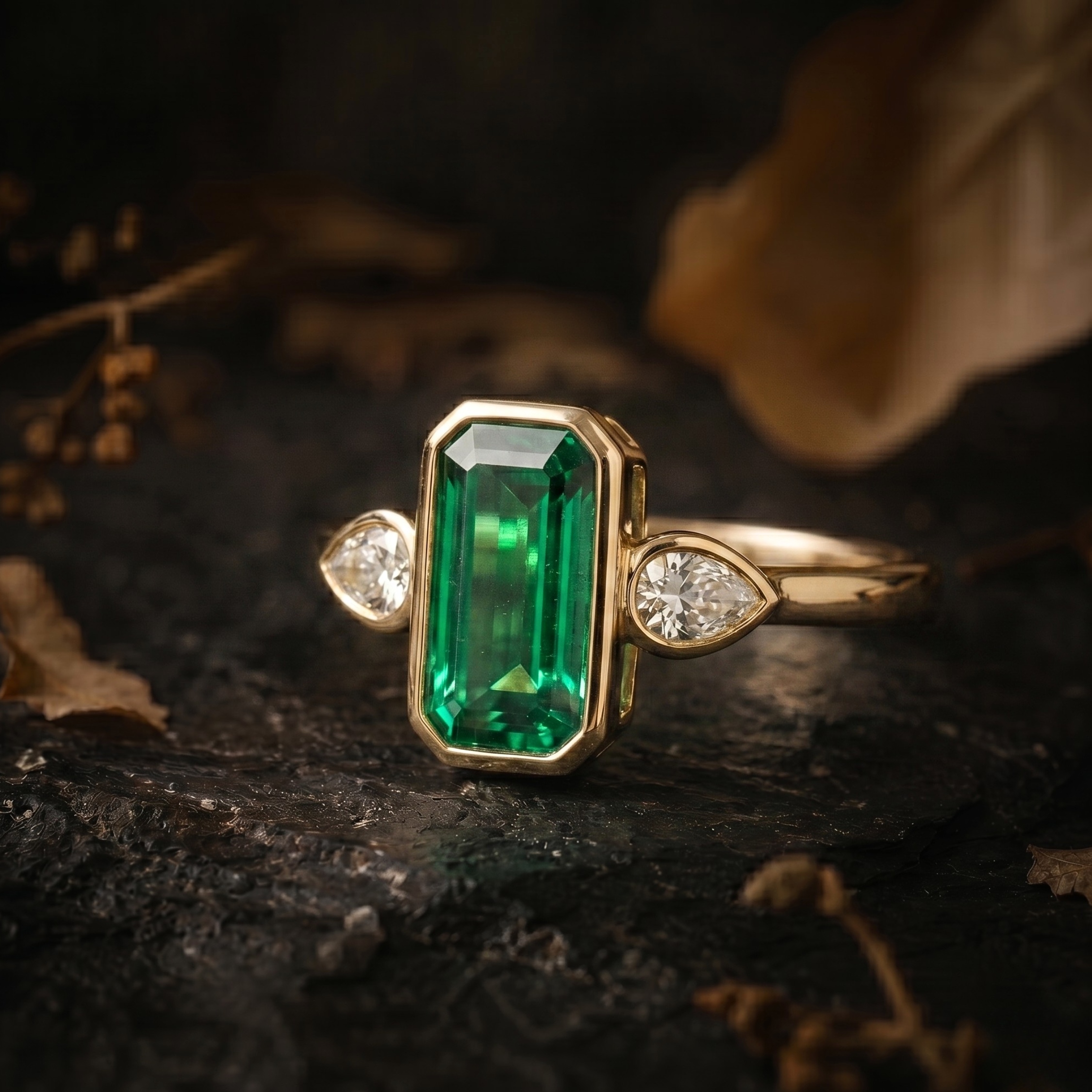 Genuine Emerald Cut Emerald Engagement Ring, 3 Stone Promise Bridal Moissanite Emerald Statement Jewelry, Anniversary Birthday gift for her