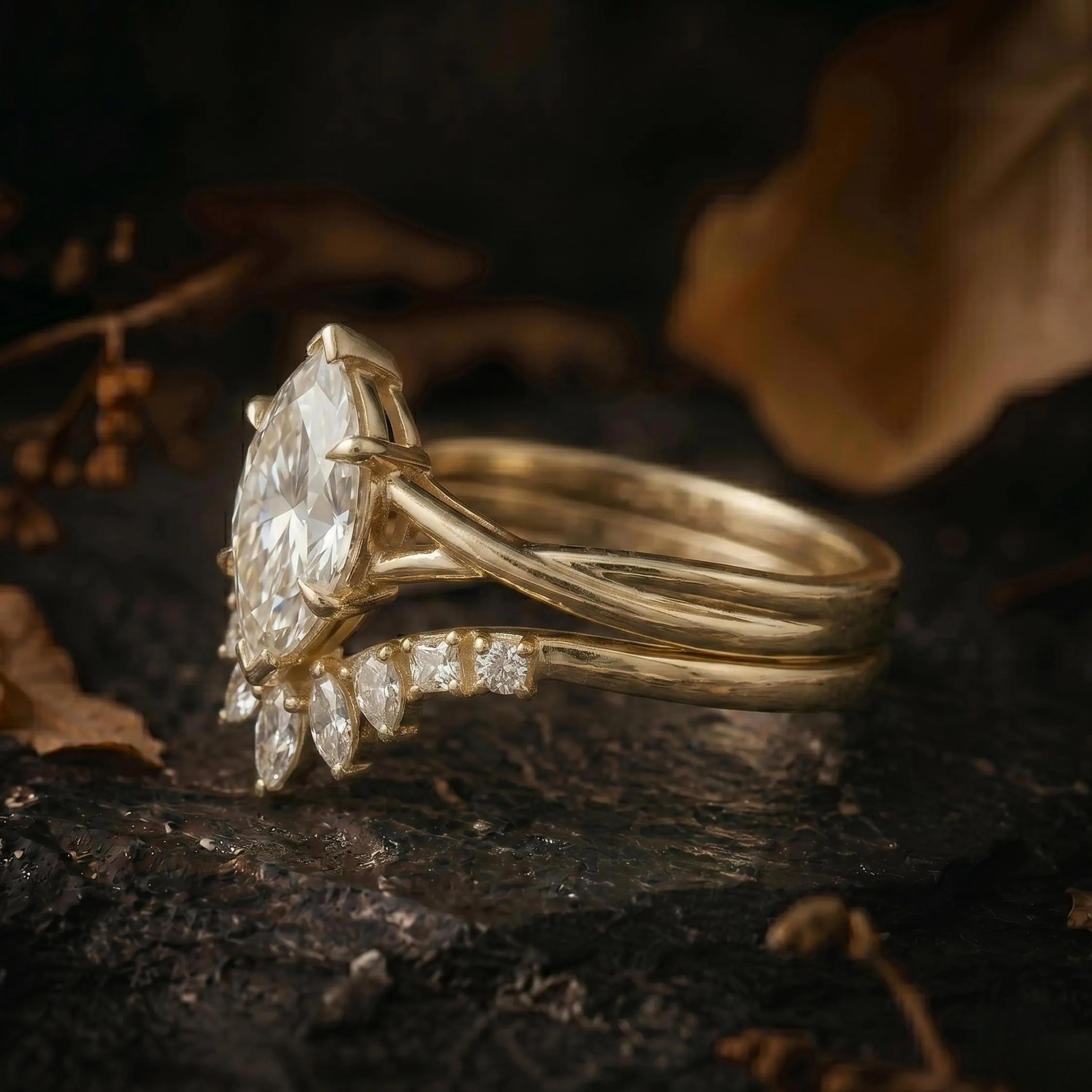 Marquise Moissanite Engagement Ring Set, Twisted Band Diamond Wedding Ring Set, Promise Ring for Woman, 14K Solid Gold Anniversary Ring Set