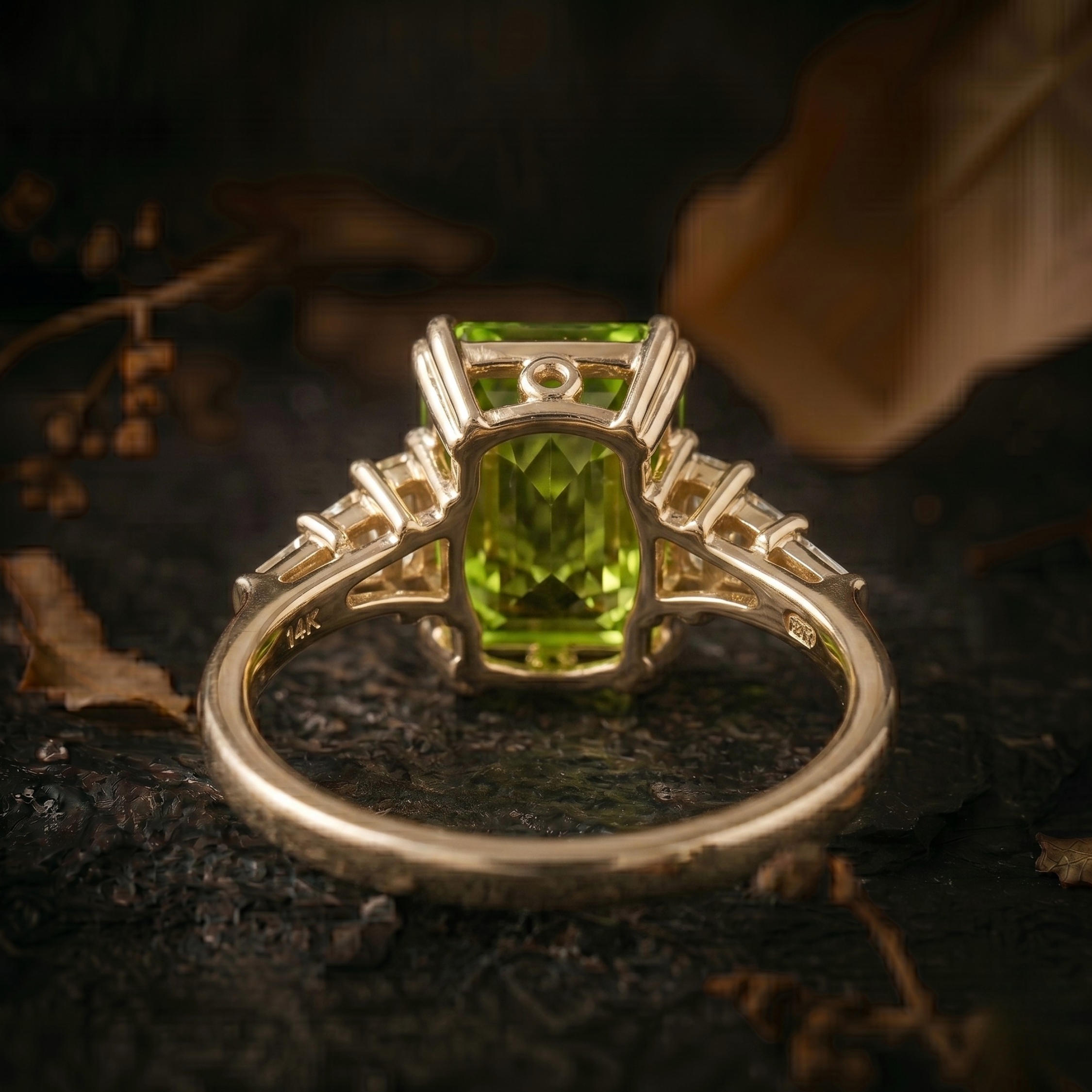 Genuine Emerald Cut Peridot Wedding Ring, 14K Gold Birthstone Jewelry, Moissanite Bridal Engagement Ring, Anniversary Birthday gift for her