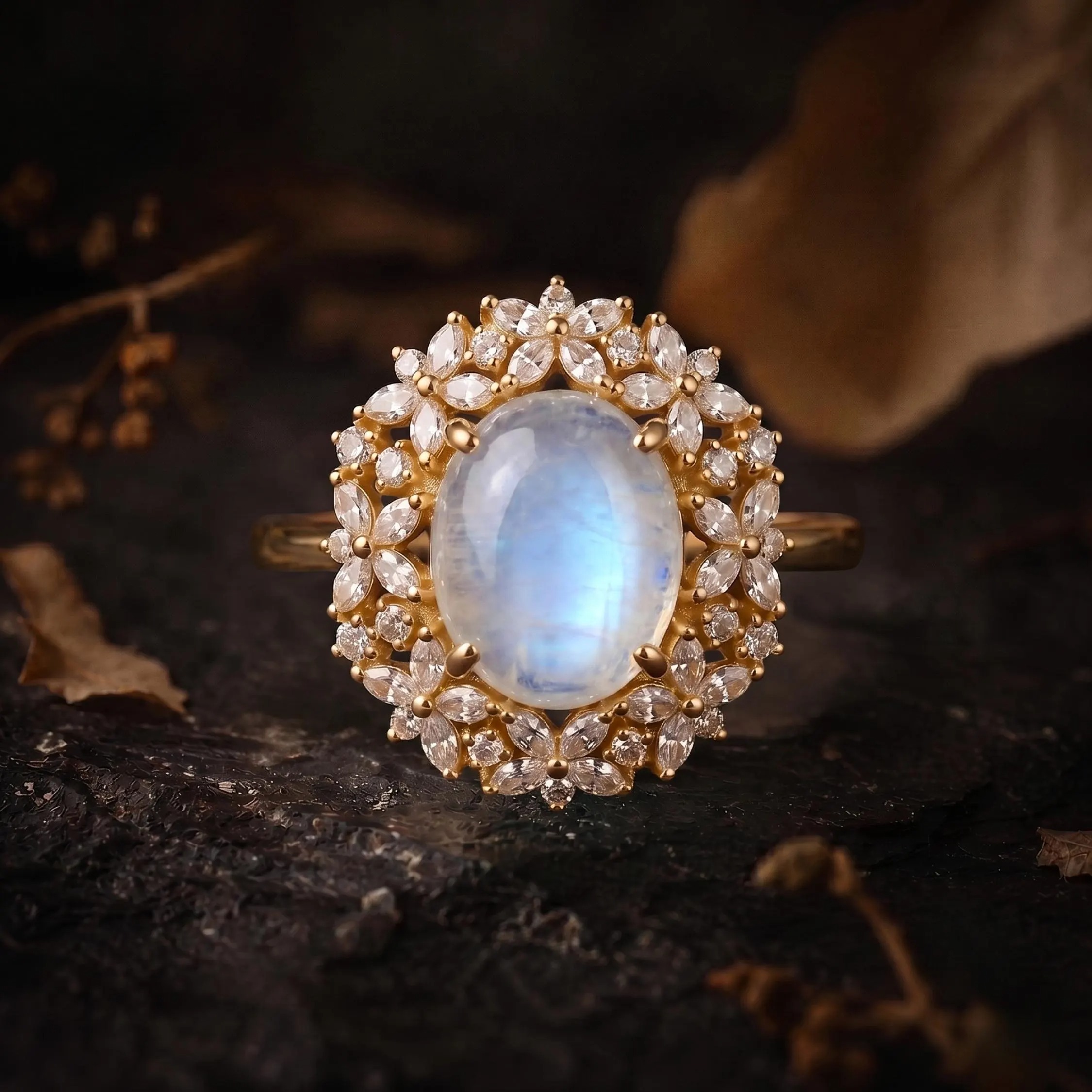Unique Marquise Cut Flower Moissanite Engagement Ring, 14k Gold Blue Moonstone Floral Twist Promise Ring for Women Oval Nature Inspired Ring
