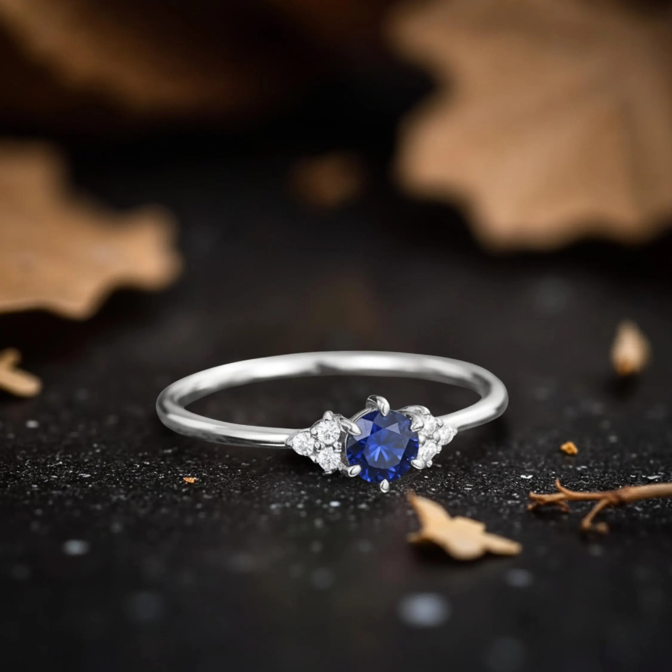 14k Rose Gold Sapphire Engagement Ring, Dainty Blue Gemstone with Moissanite Minimalist Anniversary Gift for Women, September Birthstone