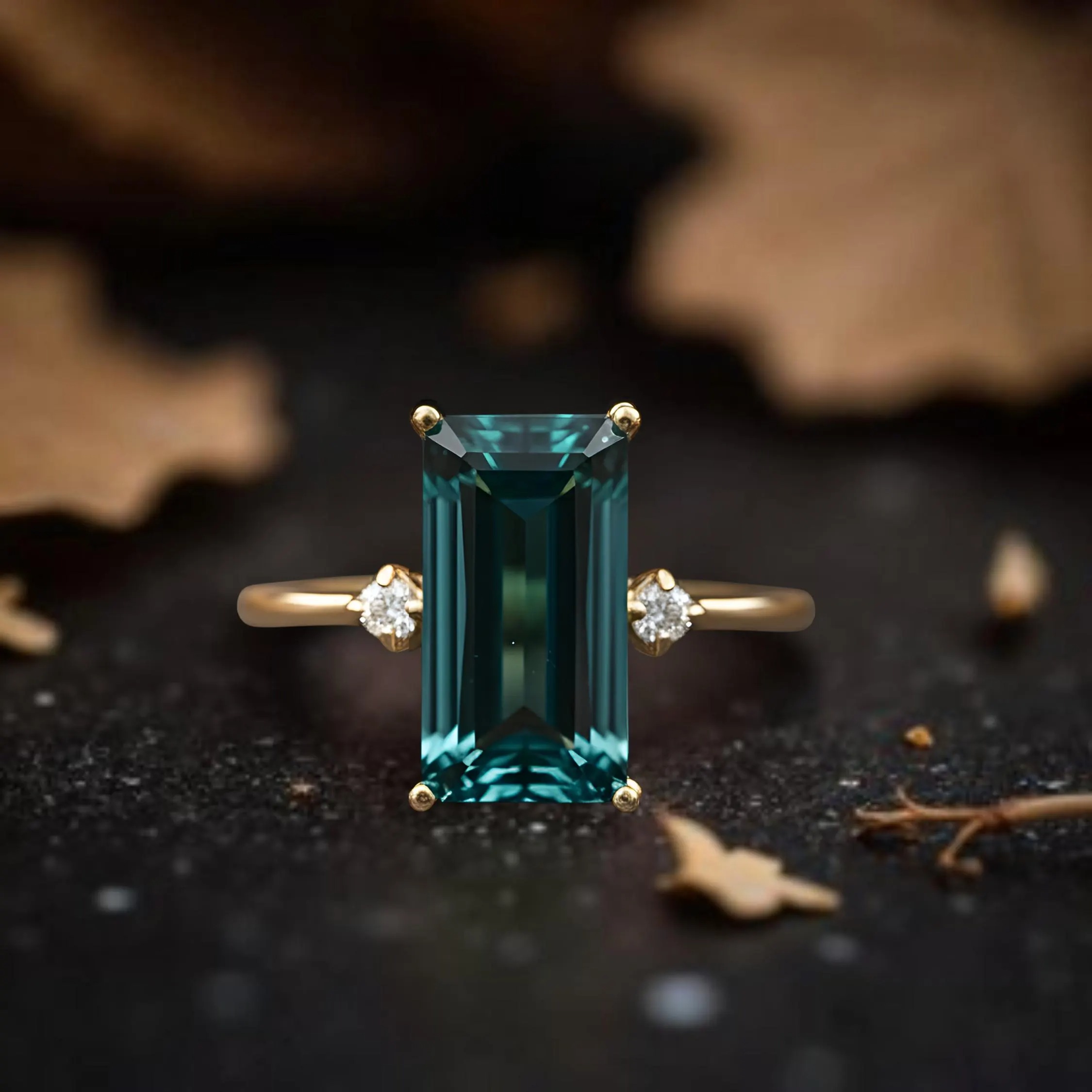 Unique Baguette Cut Tourmaline Engagement Ring, Green Tourmaline Minimalist Split Band Ring, Bridal Jewelry,Long Tourmaline Anniversary Ring