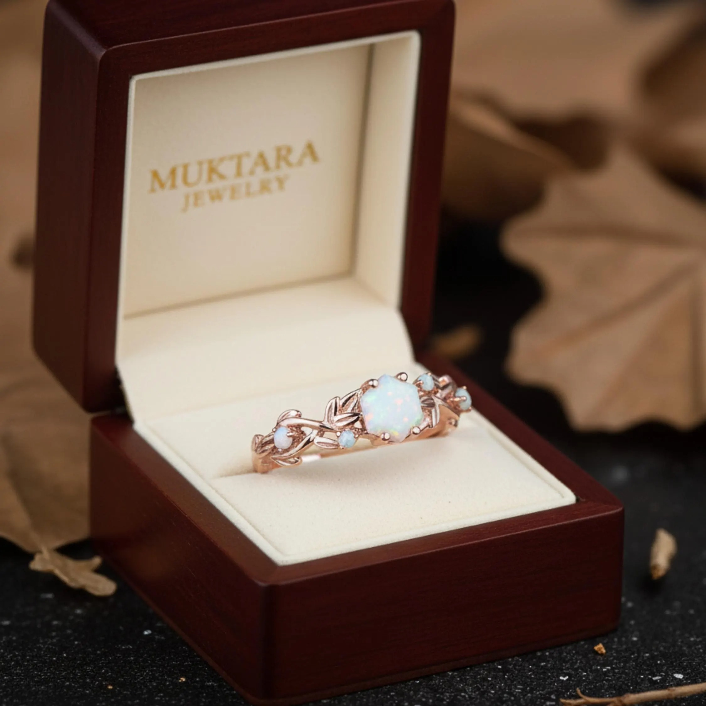 Vintage Hexagon White Opal Engagement Ring 14k Rose Gold Leaf Nature Inspired Five Stone Opal Art Deco Twisted Branch Women Wedding Ring