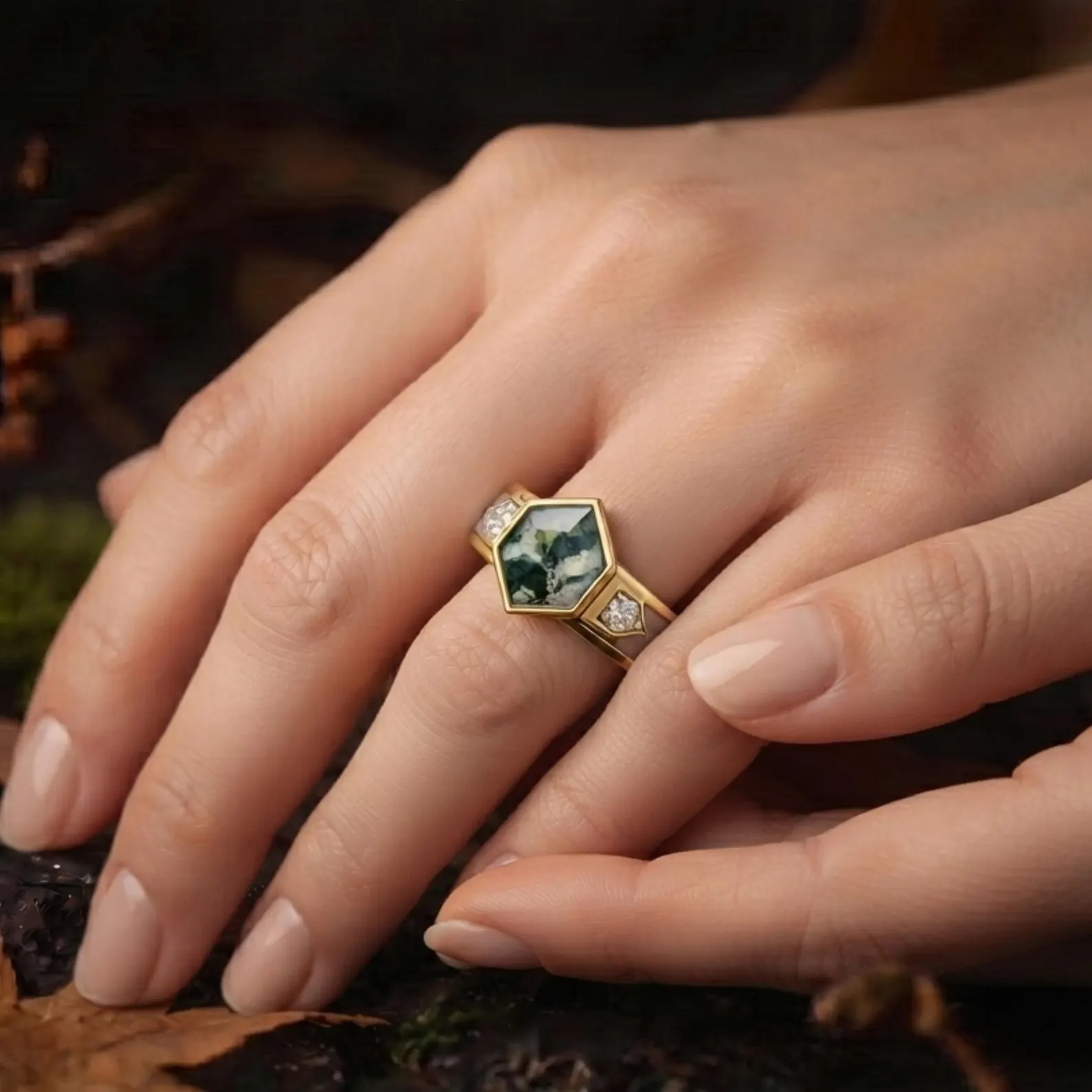 Unique Vintage Bezel Setting Moss Agate Ring, Solid Gold Silver Wedding Wide Band Ring, Hexagon Cut Green Agate Men Gold Ring, Gift For Him