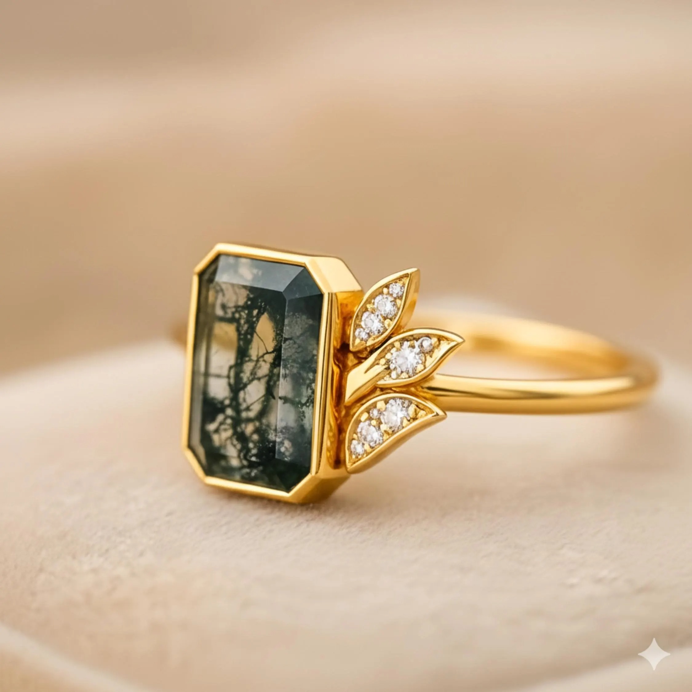 Natural Emerald Cut Moss Agate Engagement Ring, Green Gemstone Delicate Stacking Ring, Moissanite Promise Ring for Women By Muktara Jewelry