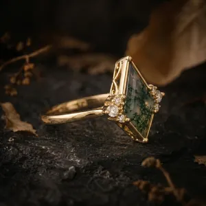 Unique Kite Cut Green Moss Agate Engagement Ring, 14k Yellow Gold Moissanite Cluster Ring For Women Vintage Bridal Wedding Ring Gift For Her