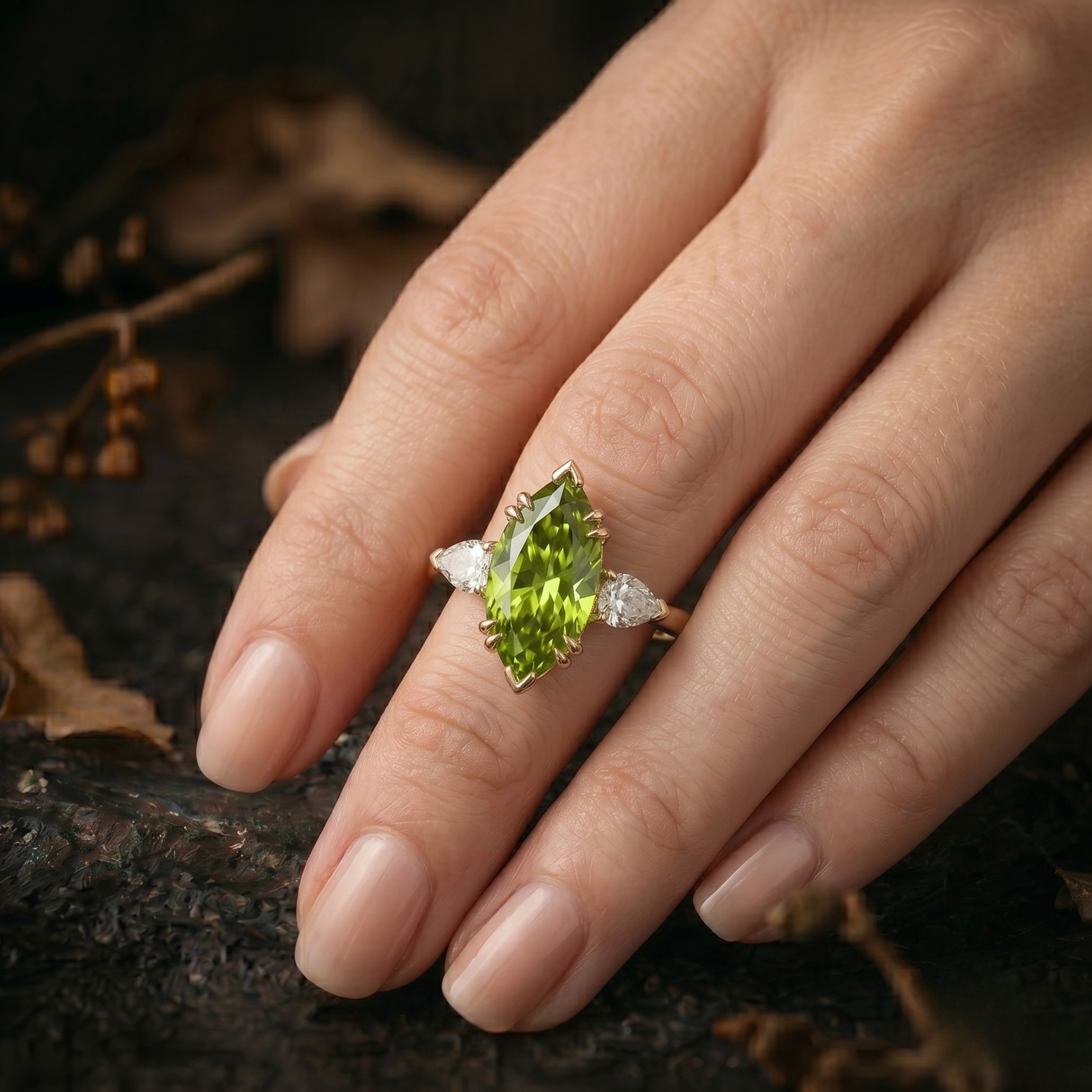 Marquise Cut Peridot Solitaire Engagement Ring, Moissanite Wedding Band, August Birthstone 14k Gold Art Deco Green Gemstone Gift For Mother