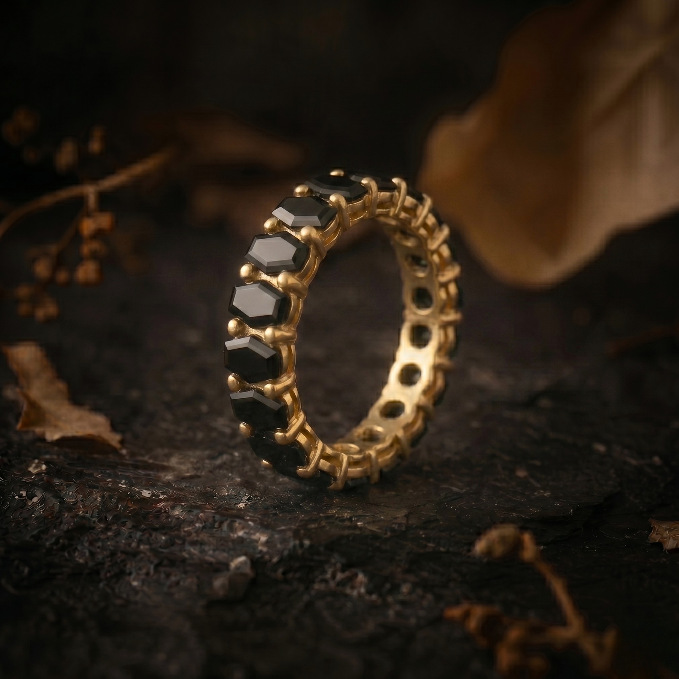 Black Onyx Eternity Wedding Band/14K Gold Coffin Cut Promise Ring/Matching Bridal Chevron Stacking Ring/Minimalist Anniversary Gift for Her