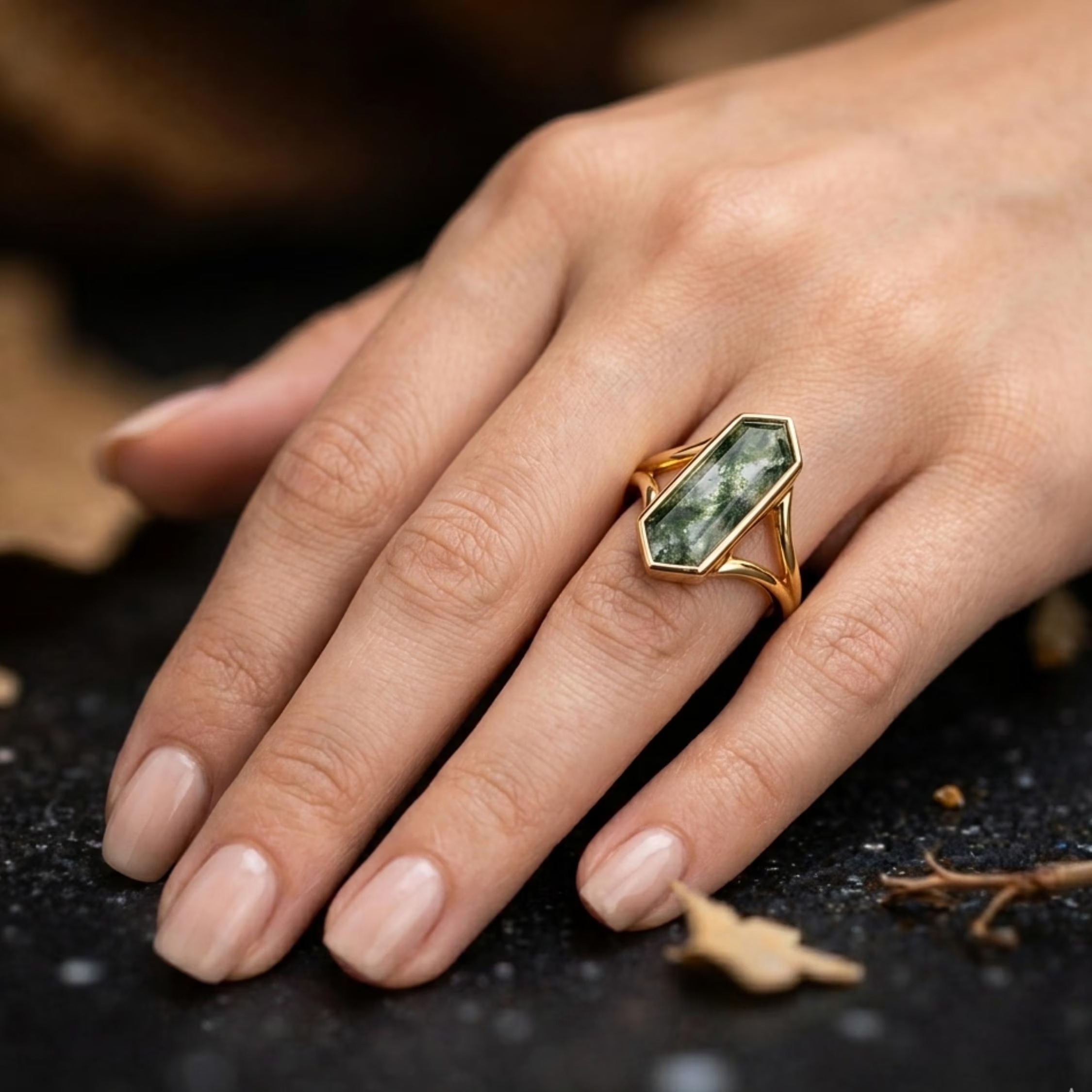 Vintage Style Long Hexagon Cut Natural Moss Agate Engagement Ring, Bezel Set Art Deco Bridal Jewelry, Unique Wedding Promise Ring Gift By MJ