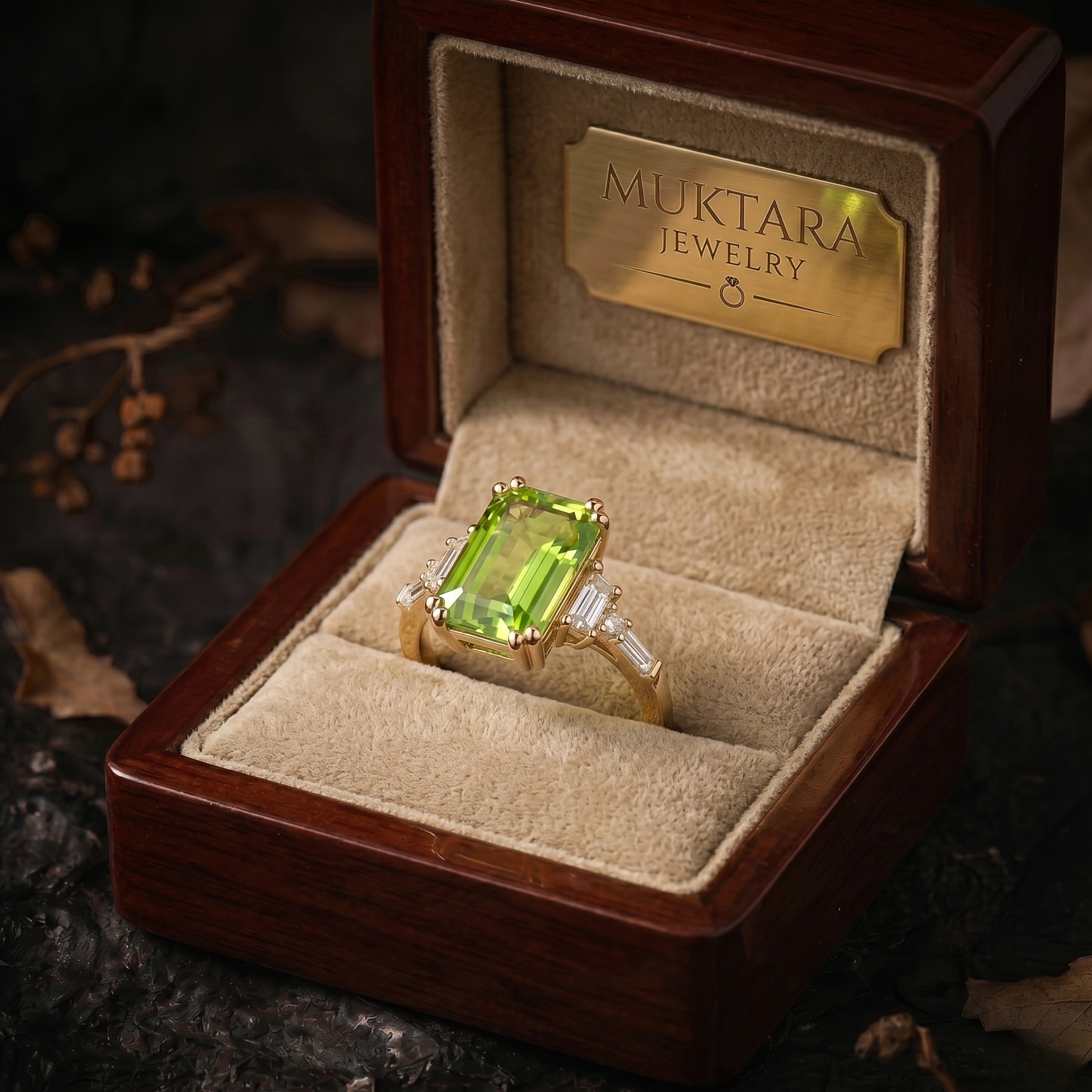 Genuine Emerald Cut Peridot Wedding Ring, 14K Gold Birthstone Jewelry, Moissanite Bridal Engagement Ring, Anniversary Birthday gift for her