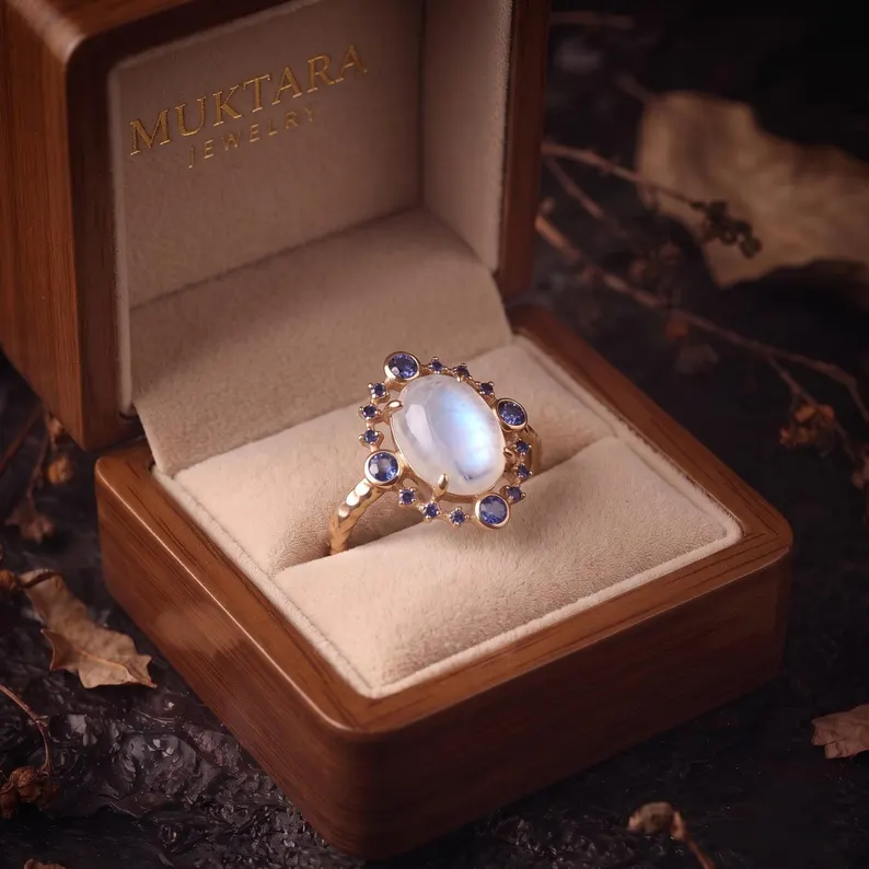 Vintage Oval Cut Moonstone Sapphire Engagement Ring, September Birthstone Jewelry, Promise Wedding Ring, Anniversary Birthday Gifts For Her