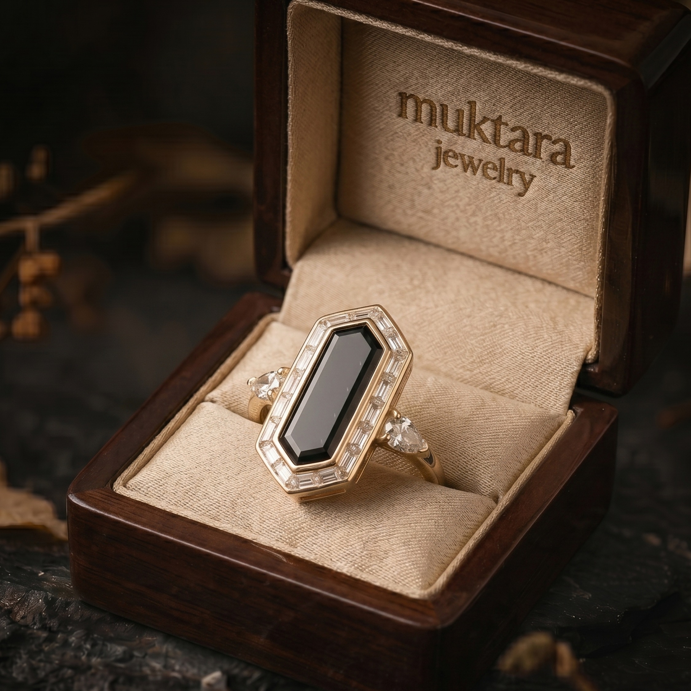 Vintage Art Deco Hexagon Cut Black Onyx Moissanite Cluster Ring, Unique Promise Statement Jewelry, Black Gemstone Anniversary Gift For Women