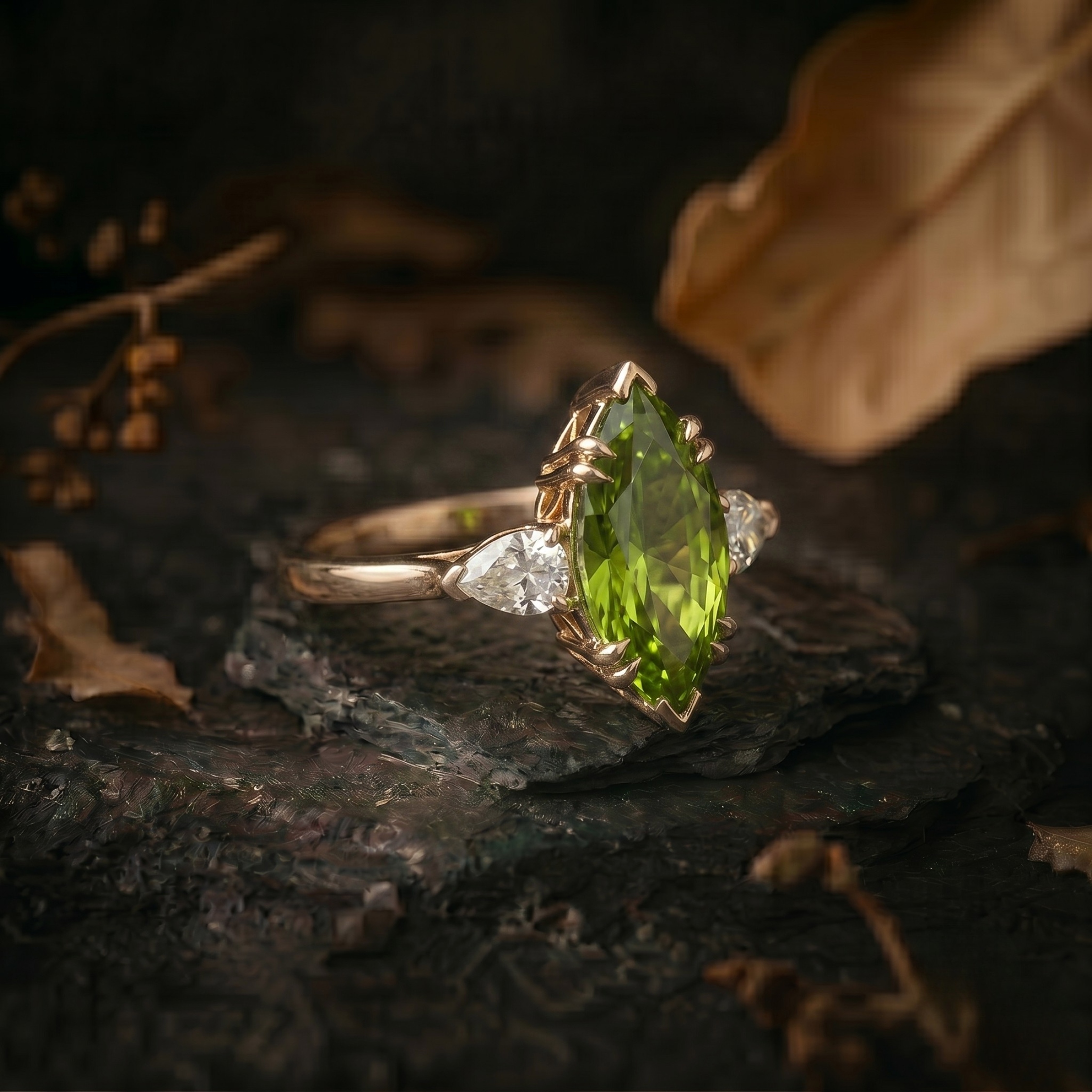Marquise Cut Peridot Solitaire Engagement Ring, Moissanite Wedding Band, August Birthstone 14k Gold Art Deco Green Gemstone Gift For Mother