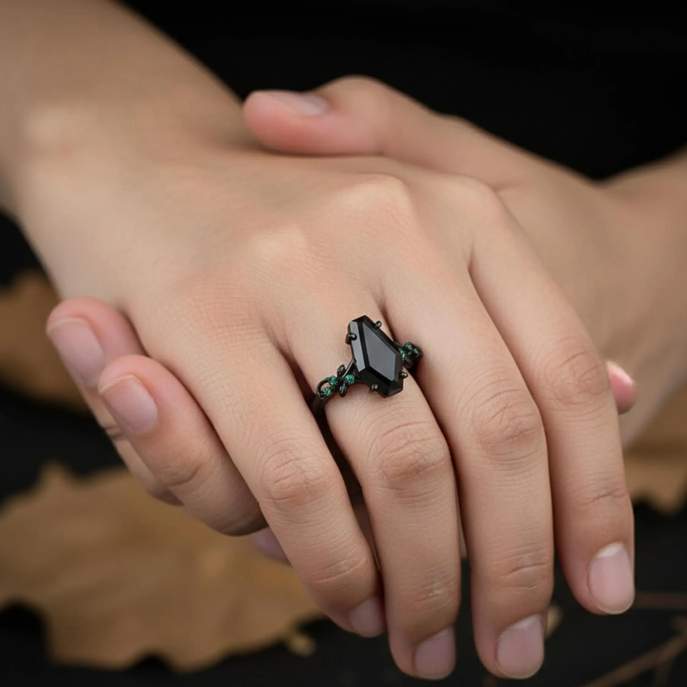 Vintage Coffin Cut Black Onyx Nature Inspired Engagement Ring, Unique Handmade Art deco Black Gold Leaf Design Emerald Wedding Promise Ring