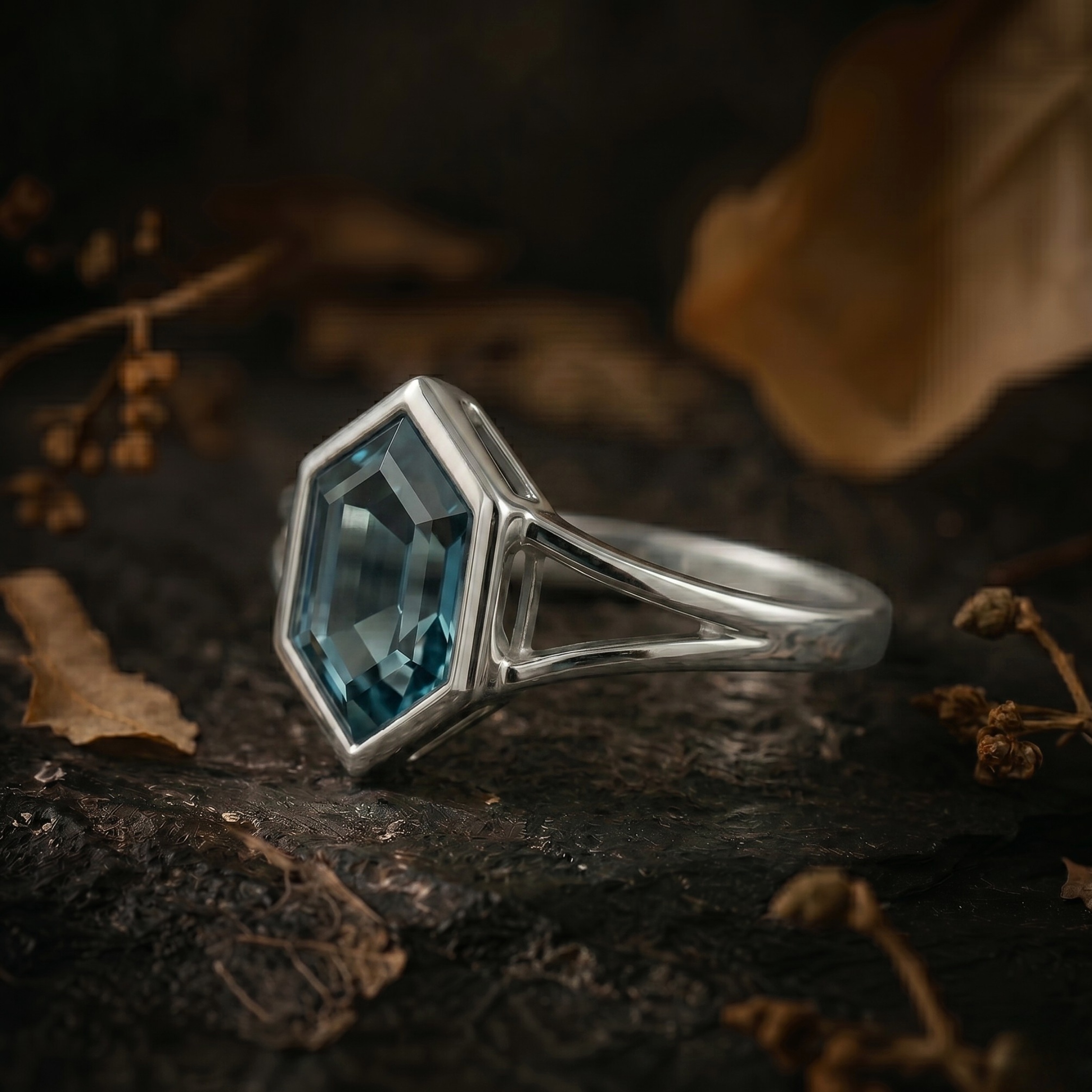 Unique Vintage Bezel Setting Teal Sapphire Ring, Sterling Silver Hexagon Cut Double Band Engagement Promise Ring, Anniversary Gifts For Her