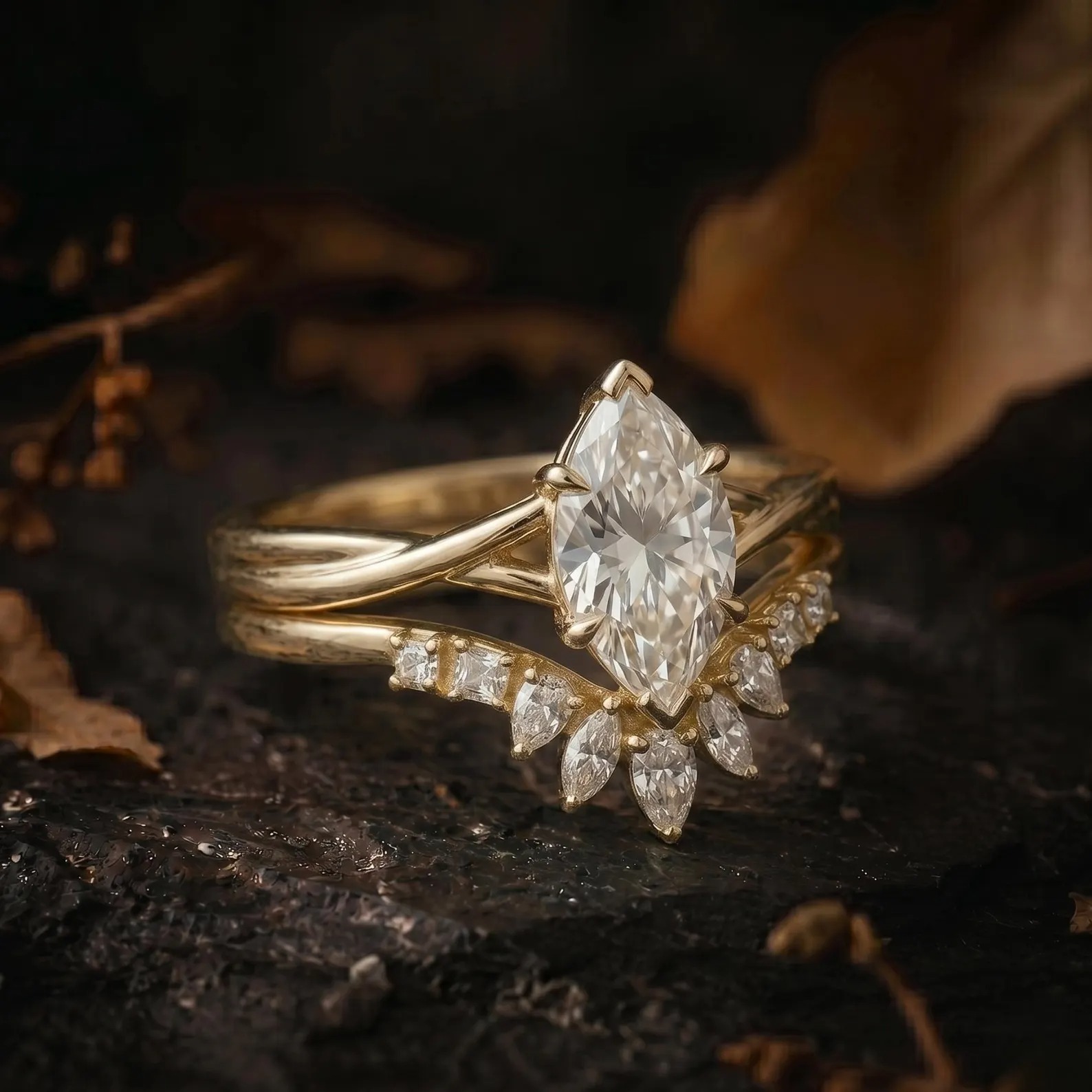 Marquise Moissanite Engagement Ring Set, Twisted Band Diamond Wedding Ring Set, Promise Ring for Woman, 14K Solid Gold Anniversary Ring Set