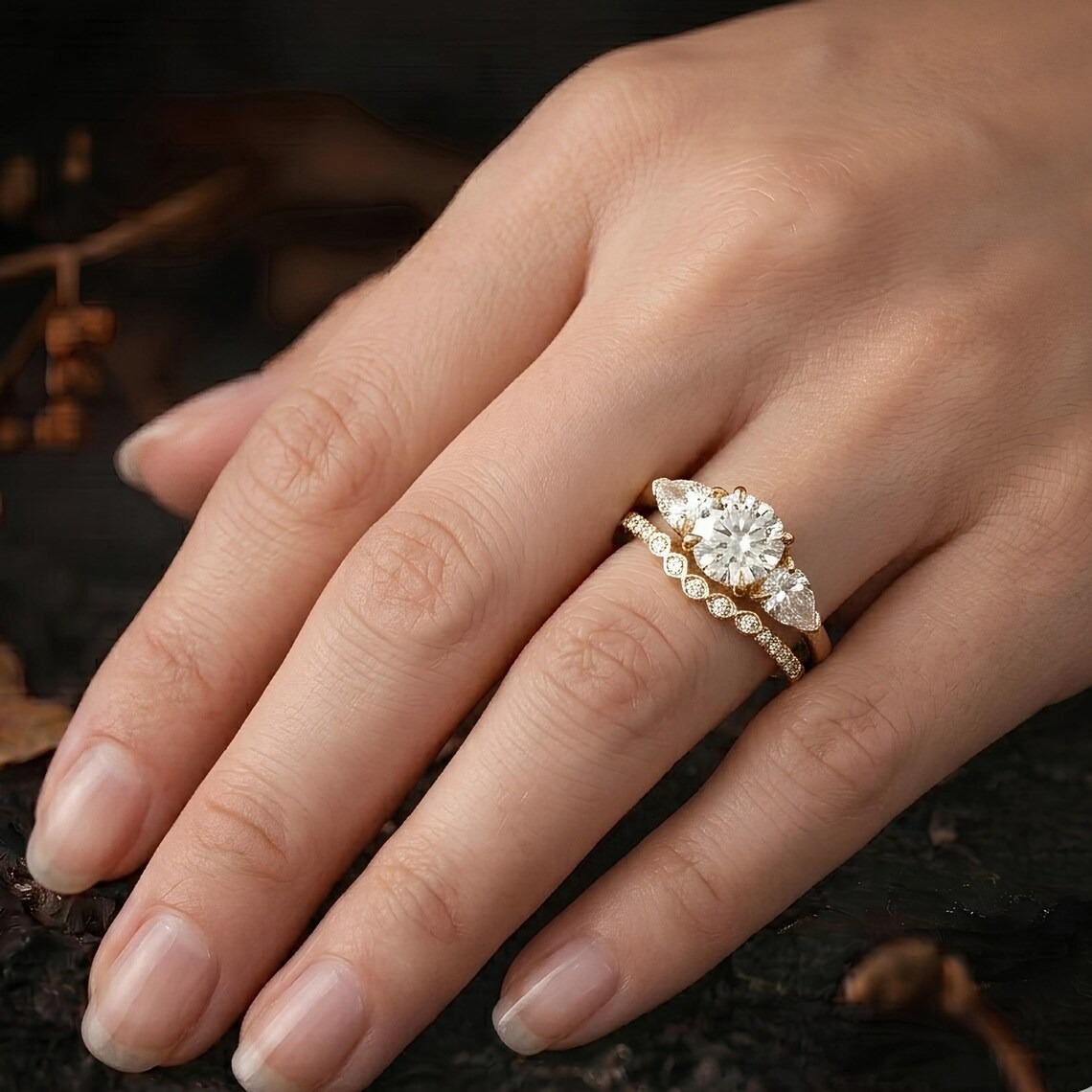 Vintage Moissanite Engagement Ring Set, Pear Diamond Wedding Ring Set, Promise Ring for Woman, 14K Solid Gold Anniversary Ring Set Gift Her