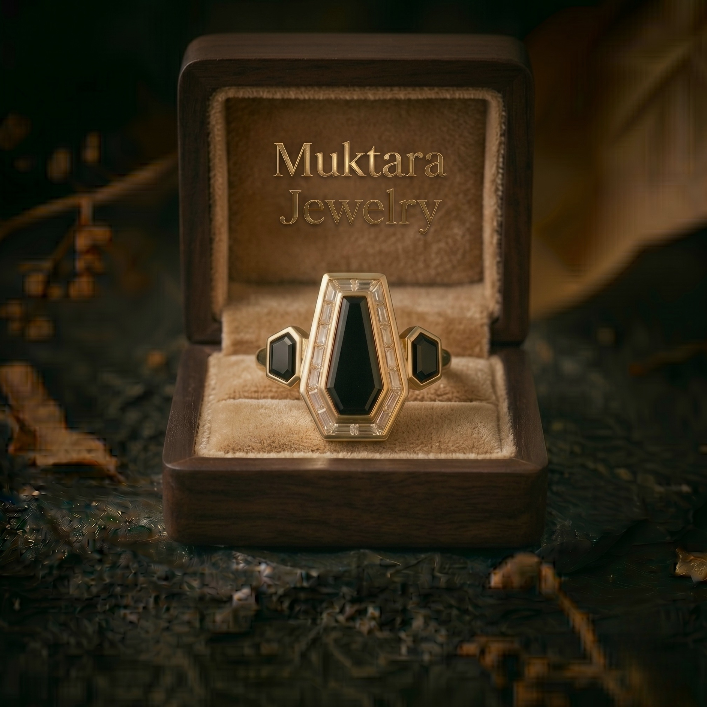 Vintage Art Deco Coffin Cut Black Onyx & Moissanite Cluster Ring, Unique Promise Statement Jewelry, 14K Gold Black Jewelry, Anniversary Gift