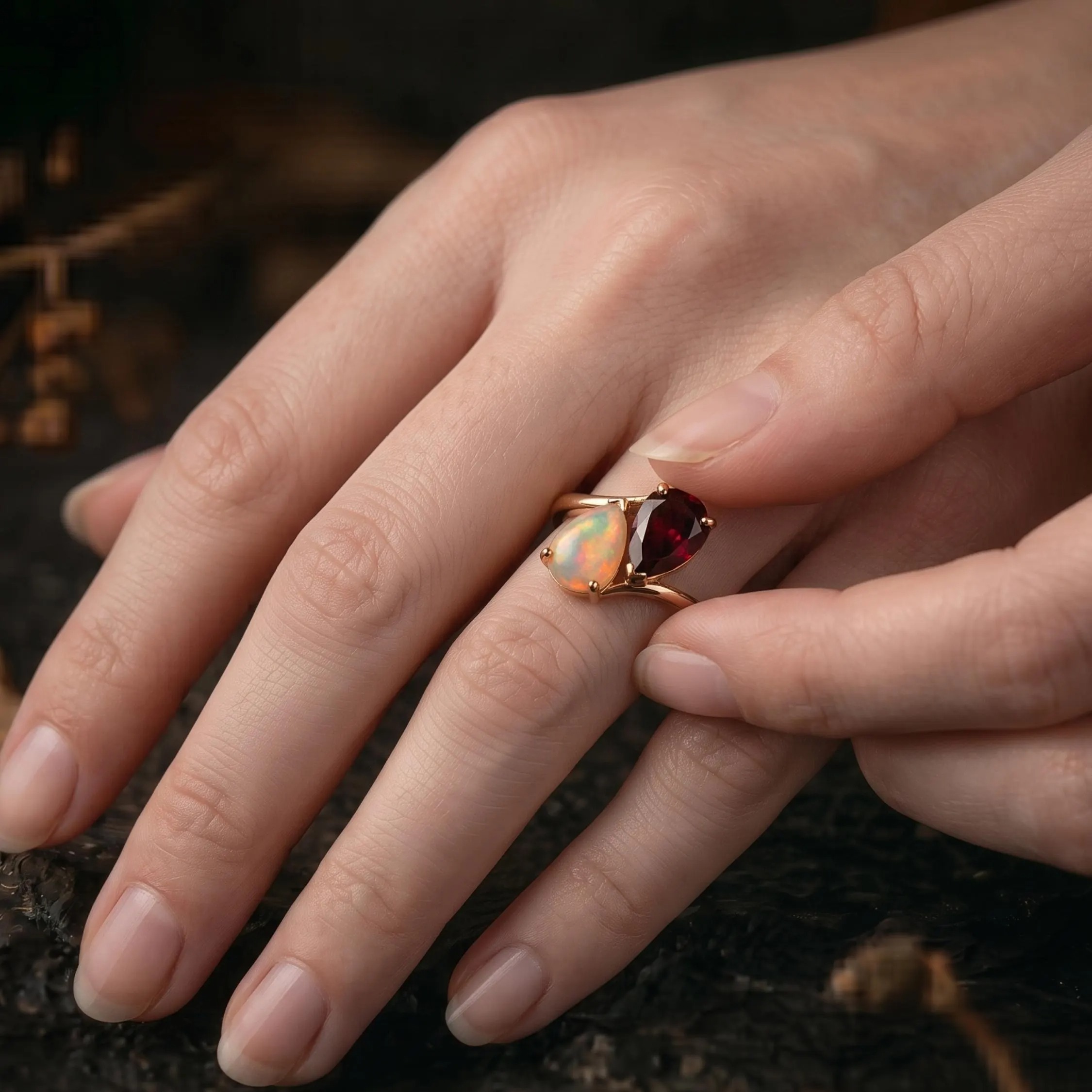 Unique Pear Cut Garnet and Opal Ring, 14k Yellow Gold Toi Et Moi Two Stone Ring, Vintage Opal Garnet Promise Statement Ring, Gift for Women