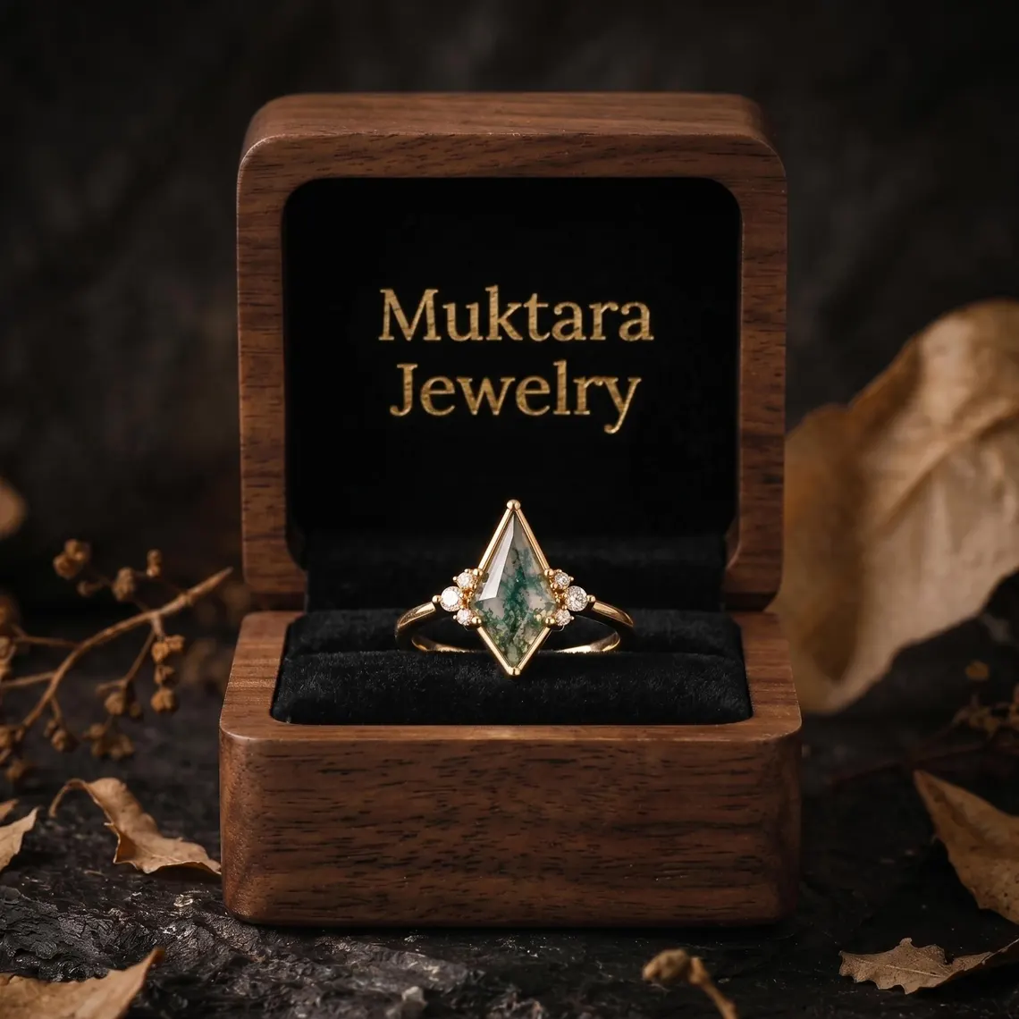 Unique Kite Cut Green Moss Agate Engagement Ring, 14k Yellow Gold Moissanite Cluster Ring For Women Vintage Bridal Wedding Ring Gift For Her