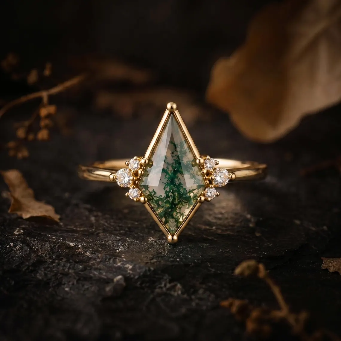 Unique Kite Cut Green Moss Agate Engagement Ring, 14k Yellow Gold Moissanite Cluster Ring For Women Vintage Bridal Wedding Ring Gift For Her