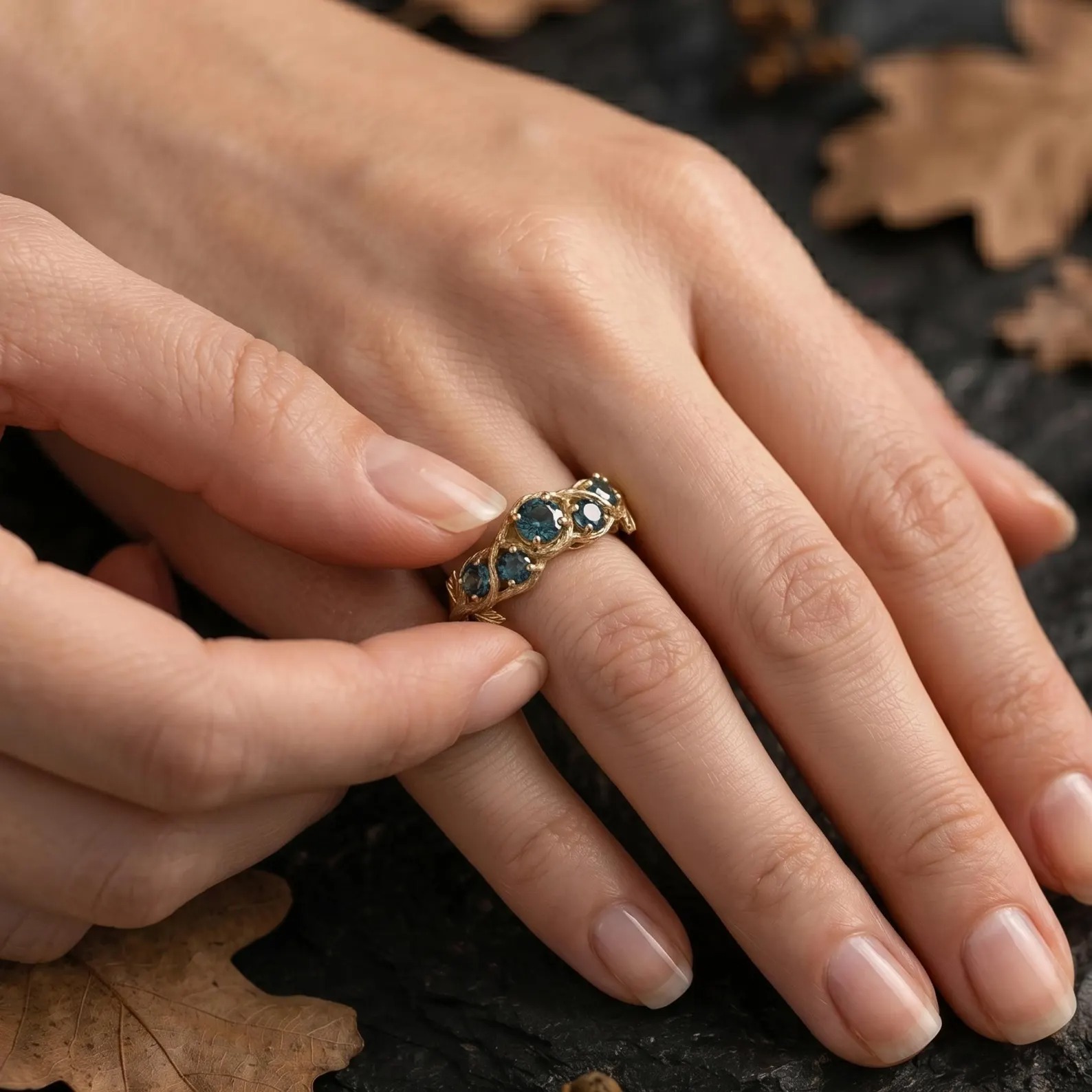 Unique Round Cut Teal Montana Sapphire Engagement Ring, September Birthstone Nature Inspired Leaf Ring, Anniversary Birthday Gift For Women