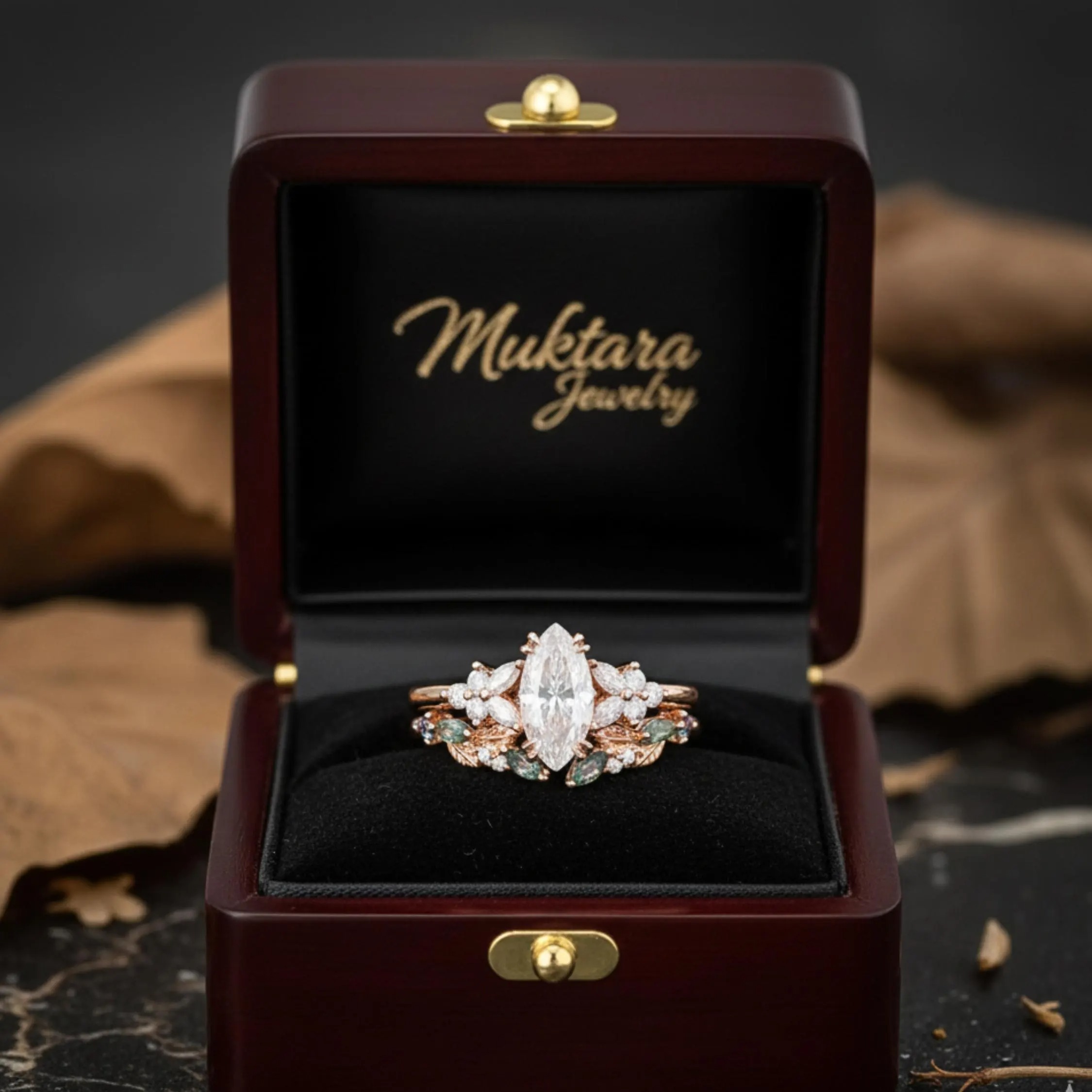 Marquise Cut Moissanite Engagement Ring Set 14k Rose Gold Bridal Ring Set Diamond Cluster Wedding Stacking Band Promise ring Gift For Her