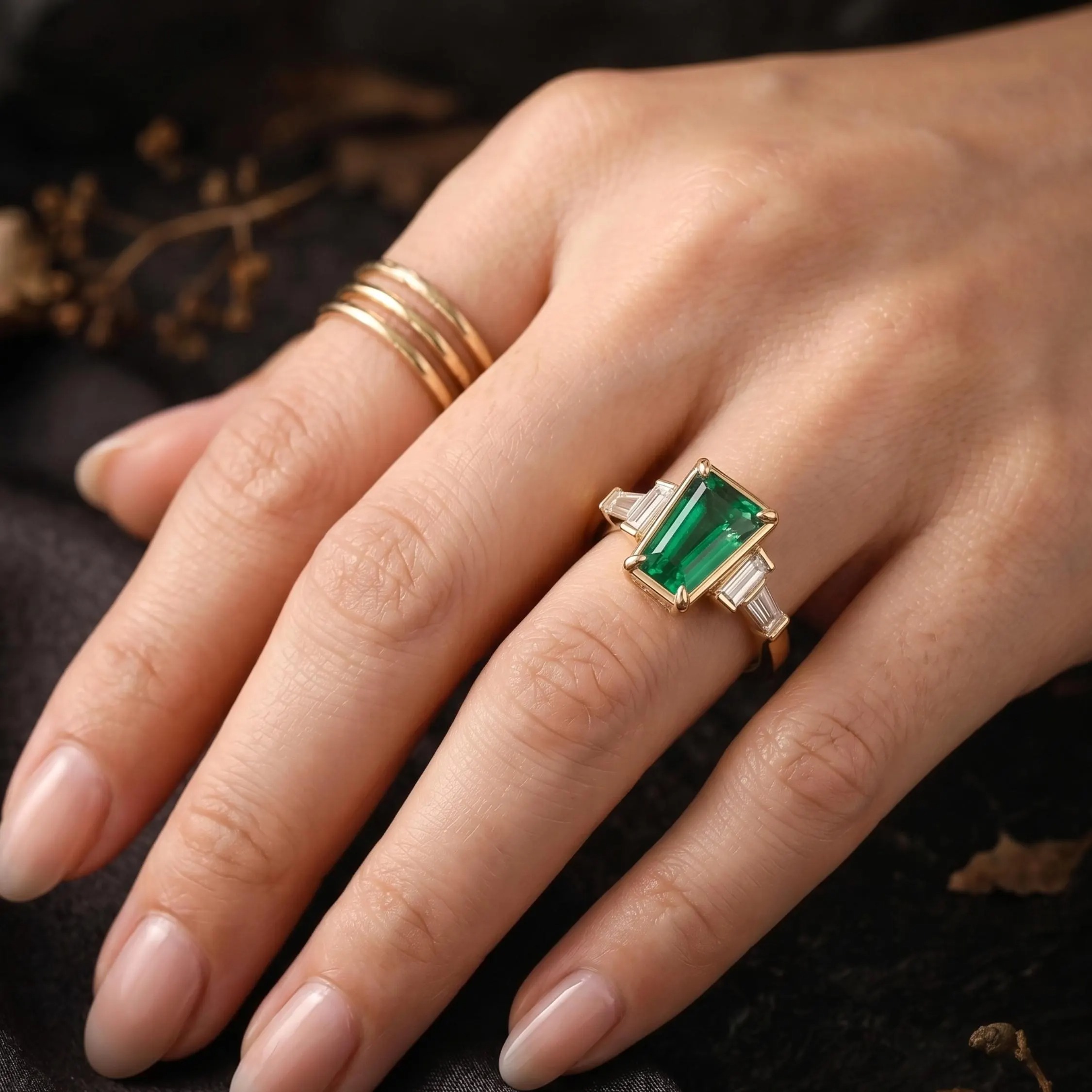 Genuine 14k Yellow Gold Emerald Engagement Ring, Vintage May Birthstone Jewelry, Baguette Cut Moissanite Promise Cluster Ring, Gifts for her