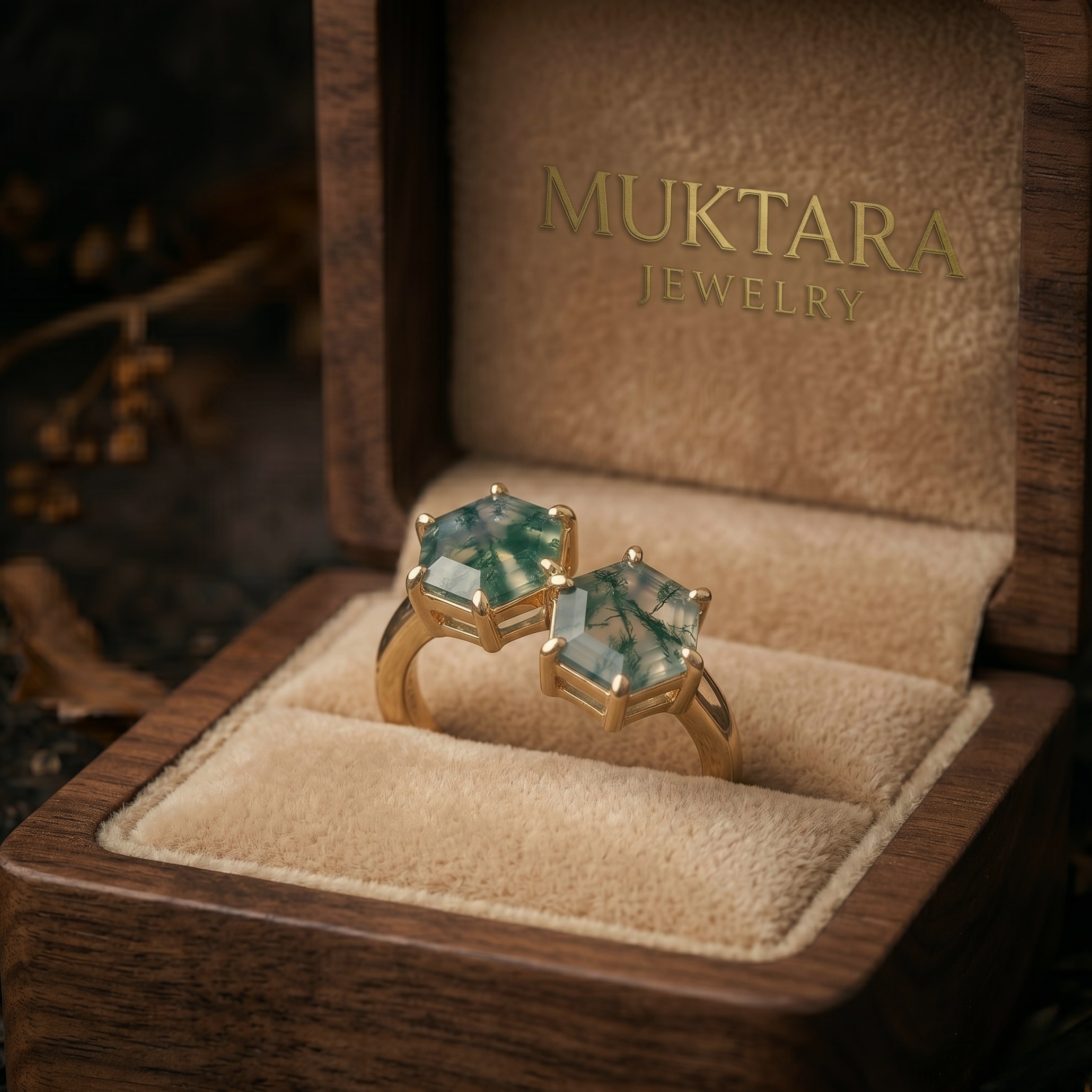 Unique Double Hexagon Cut Green Moss Agate Ring/Vintage Bezel Set Bridal Jewelry/Promise Engagement Ring/ Anniversary Birthday gift for her