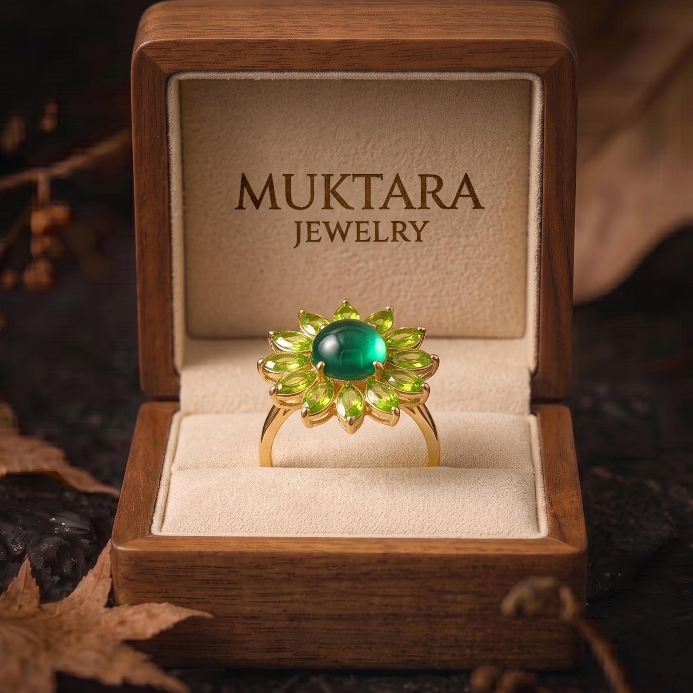 Vintage Art Deco Green Emerald Peridot Flower Halo Engagement Ring, Handmade Nature Inspired Women Jewelry, Fine Green Stone Gift For Women