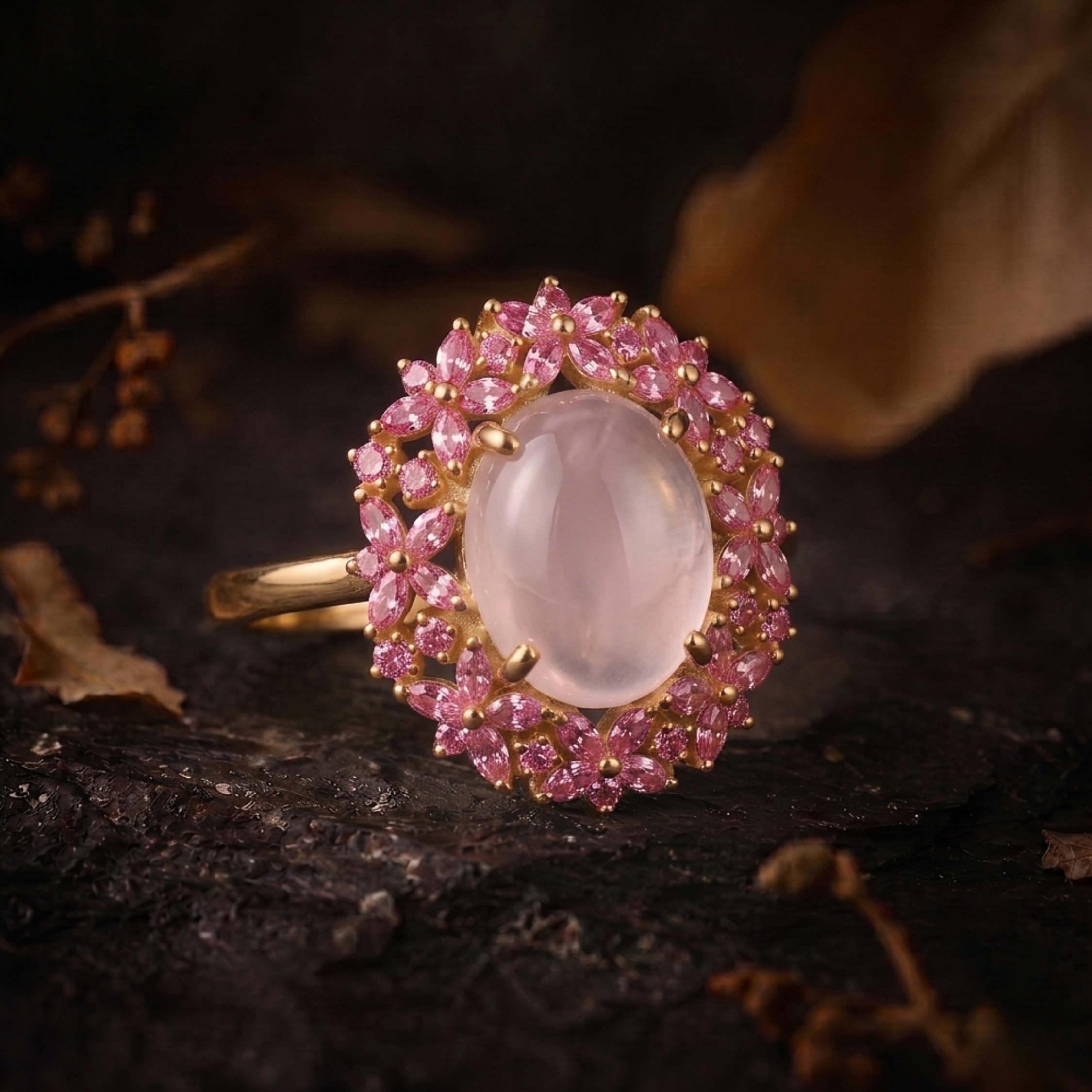 Unique Marquise Cut Flower Pink Sapphire Engagement Ring, Rose Quartz Floral Twist Promise Ring, Pink Gemstone, Leaf Design Nature Ring Gift